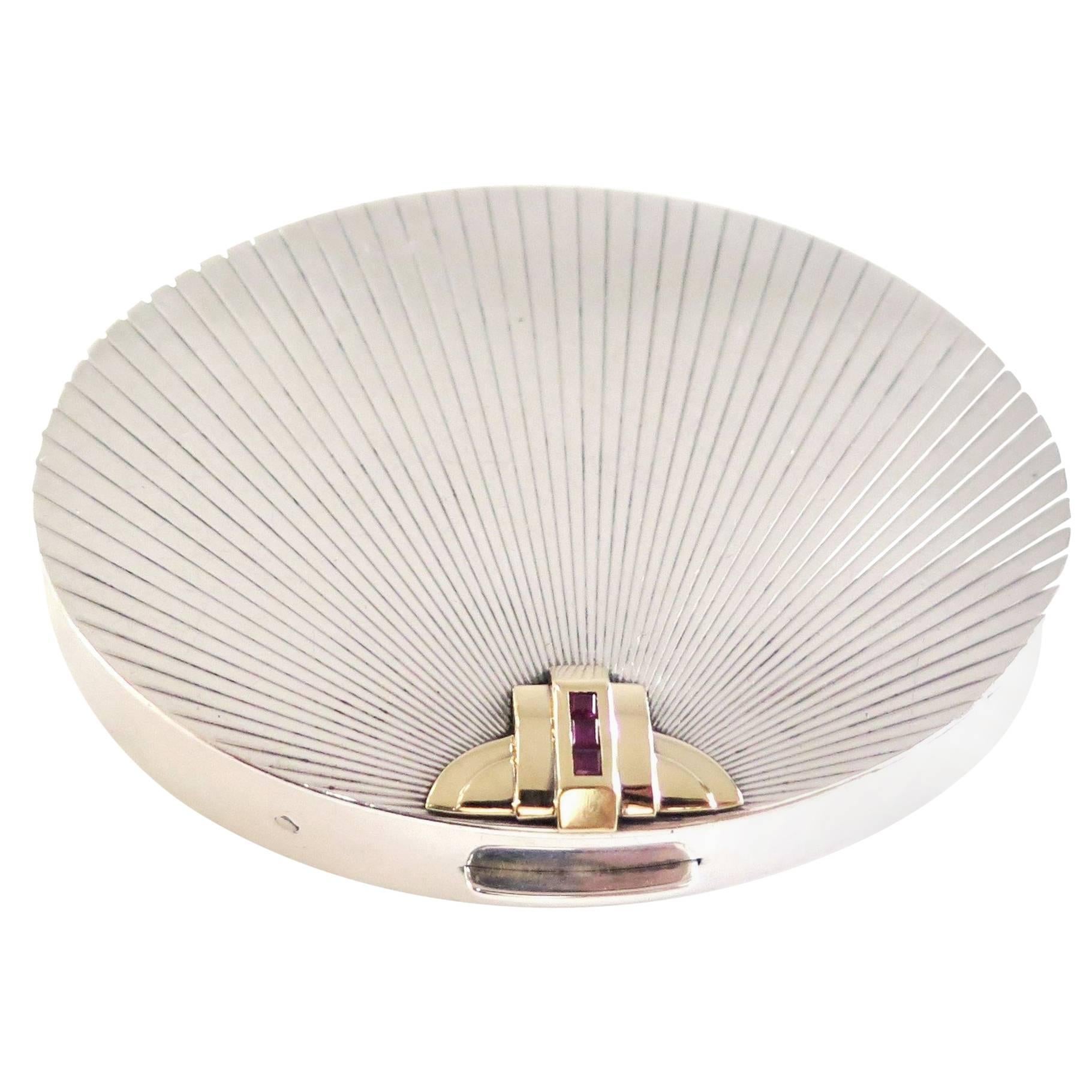 Tiffany & Co. Art Deco Sterling Silver, 14 Karat Gold, Rubies Compact circa 1930 For Sale