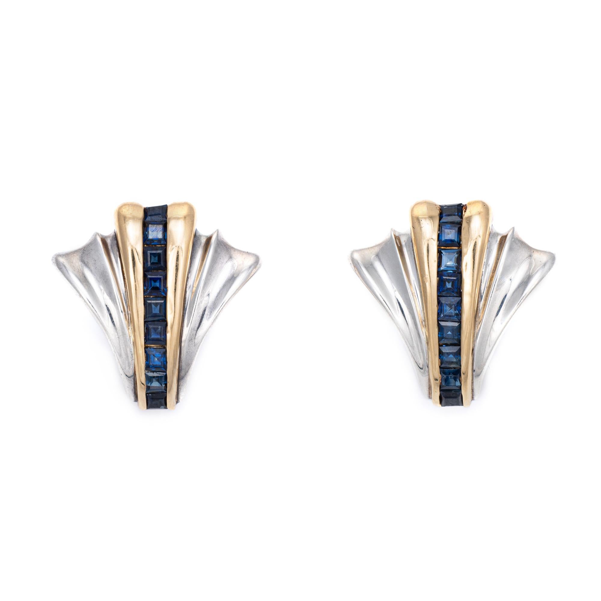 Finely detailed pair of vintage Tiffany & Co Atlas earrings crafted in sterling silver & 14k yellow gold. 

Square cut sapphires total an estimated 1 carat. 
The beautifully detailed earrings are designed in the Art Deco style, with a strand of blue