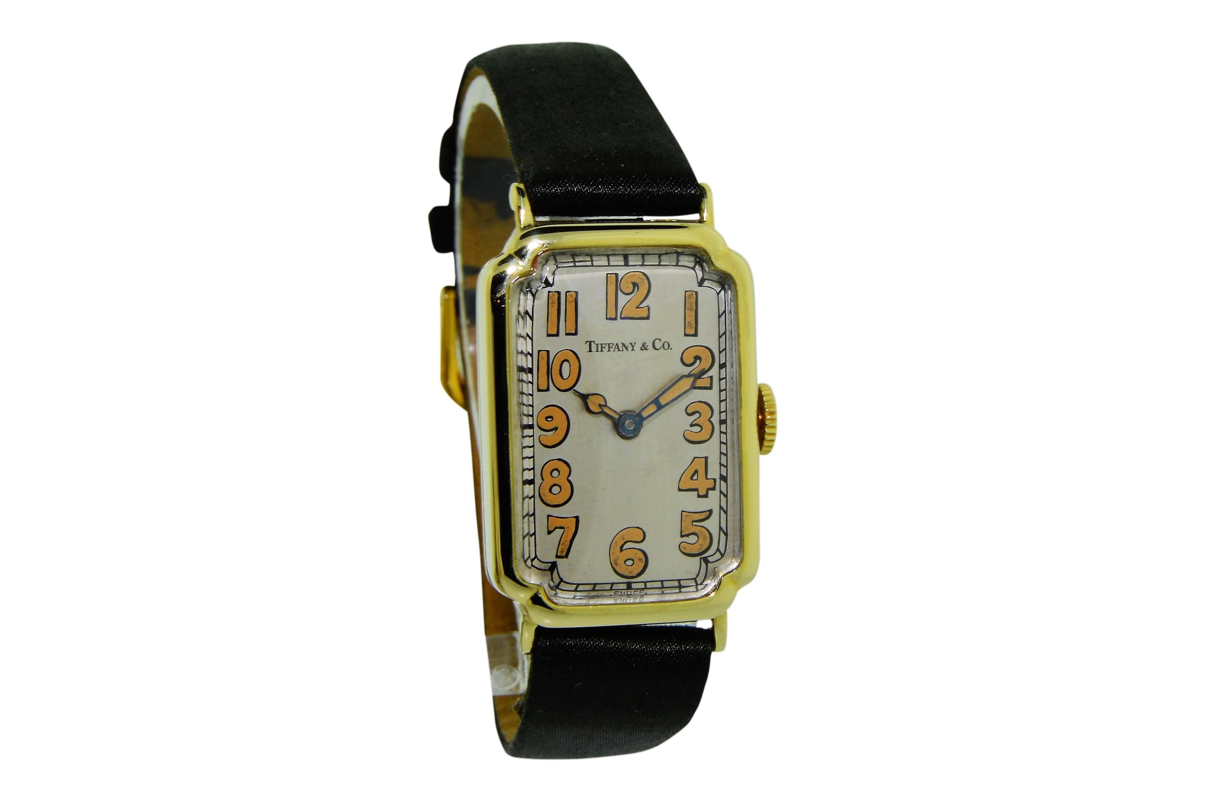 FACTORY / HOUSE: Longines Watch Company for Tiffany & Company
STYLE / REFERENCE: Art Deco / Rectangle with Rounded Corners
METAL / MATERIAL: 18Kt. Yellow Gold
DIMENSIONS: Length 38mm  X Diameter 20mm
CIRCA: 1922
MOVEMENT / CALIBER: 15 Jewels /