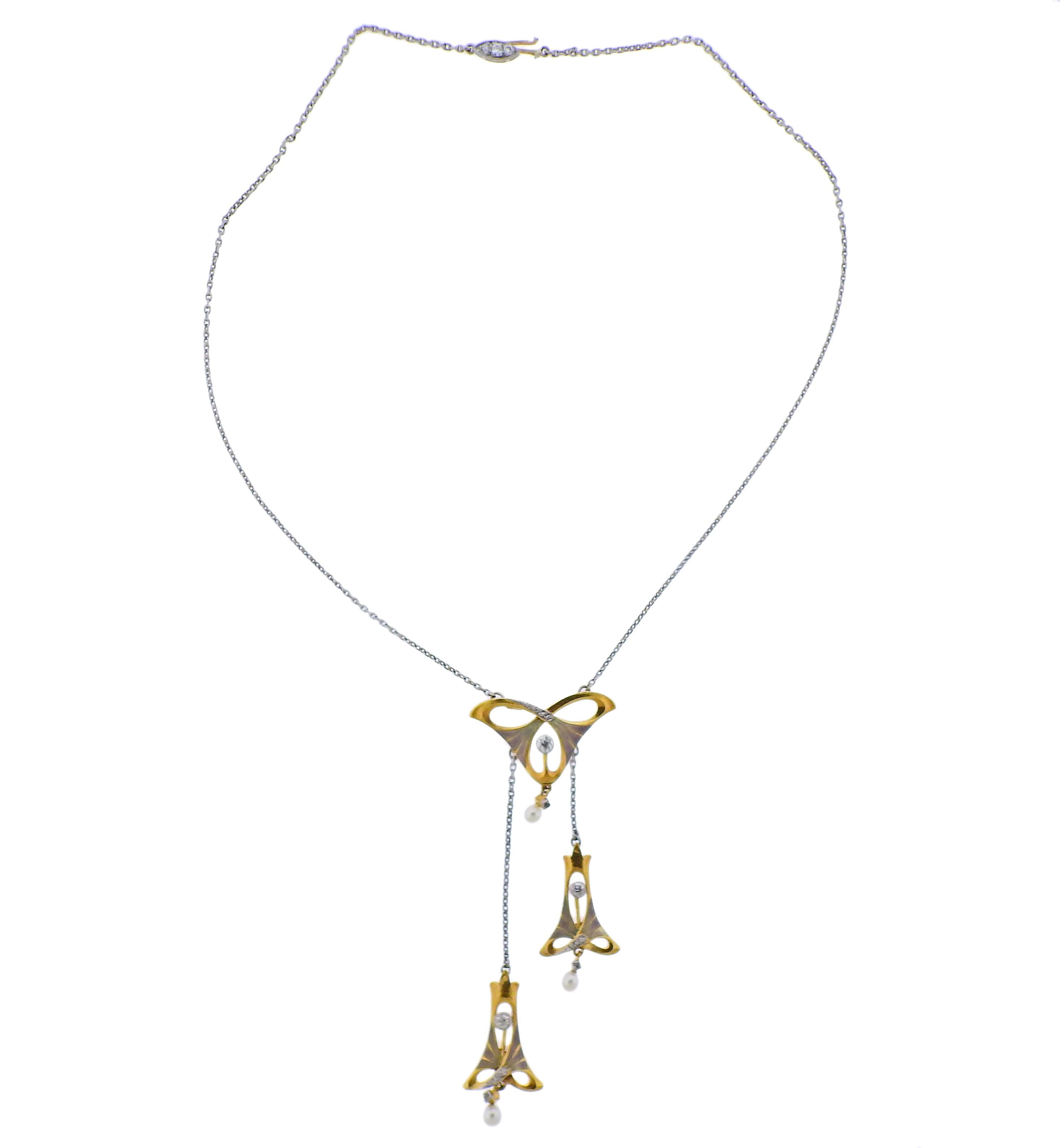 Tiffany & Co Art Nouveau 14k gold and platinum necklace, featuring drop pendant with 3 elements, decorated with Plique-a-Jour enamel, 3.5mm pearls and approx. 0.40cts in diamonds. Necklace is 15