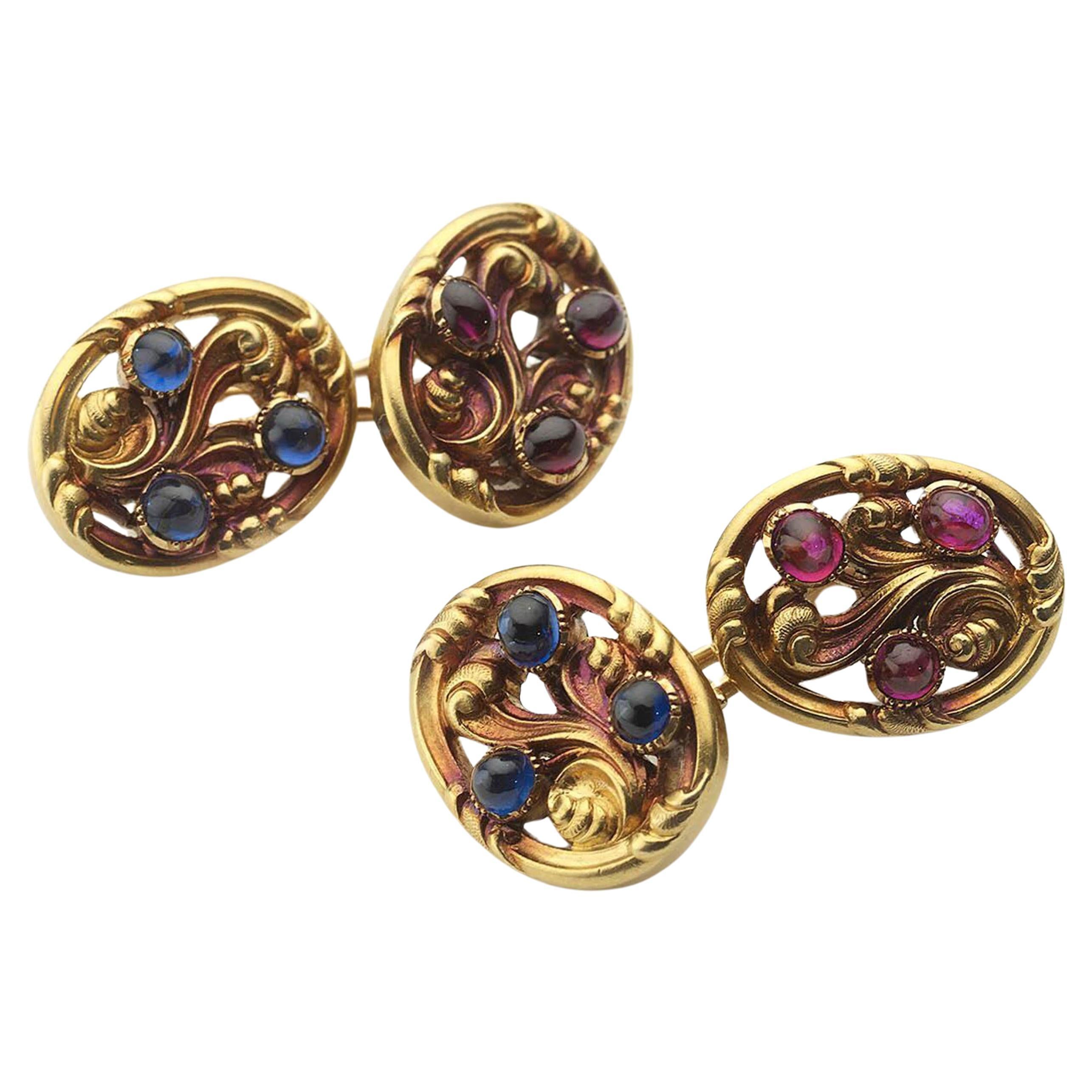 Tiffany & Co. Art Nouveau Sapphire Ruby and Gold Cufflinks, Circa 1890 For Sale