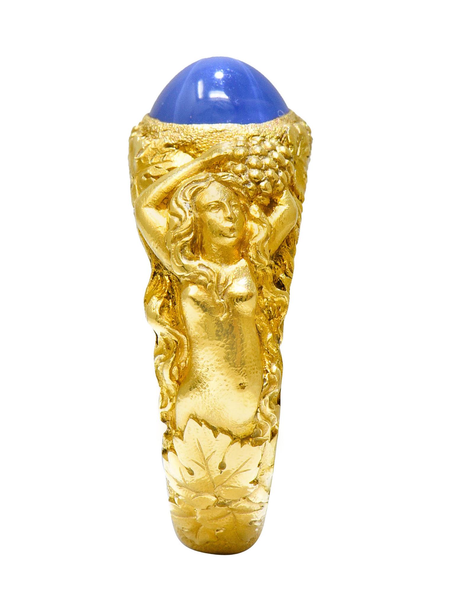 Tiffany & Co. Art Nouveau Star Sapphire 14 Karat Gold Bacchantes Unisex Ring 7