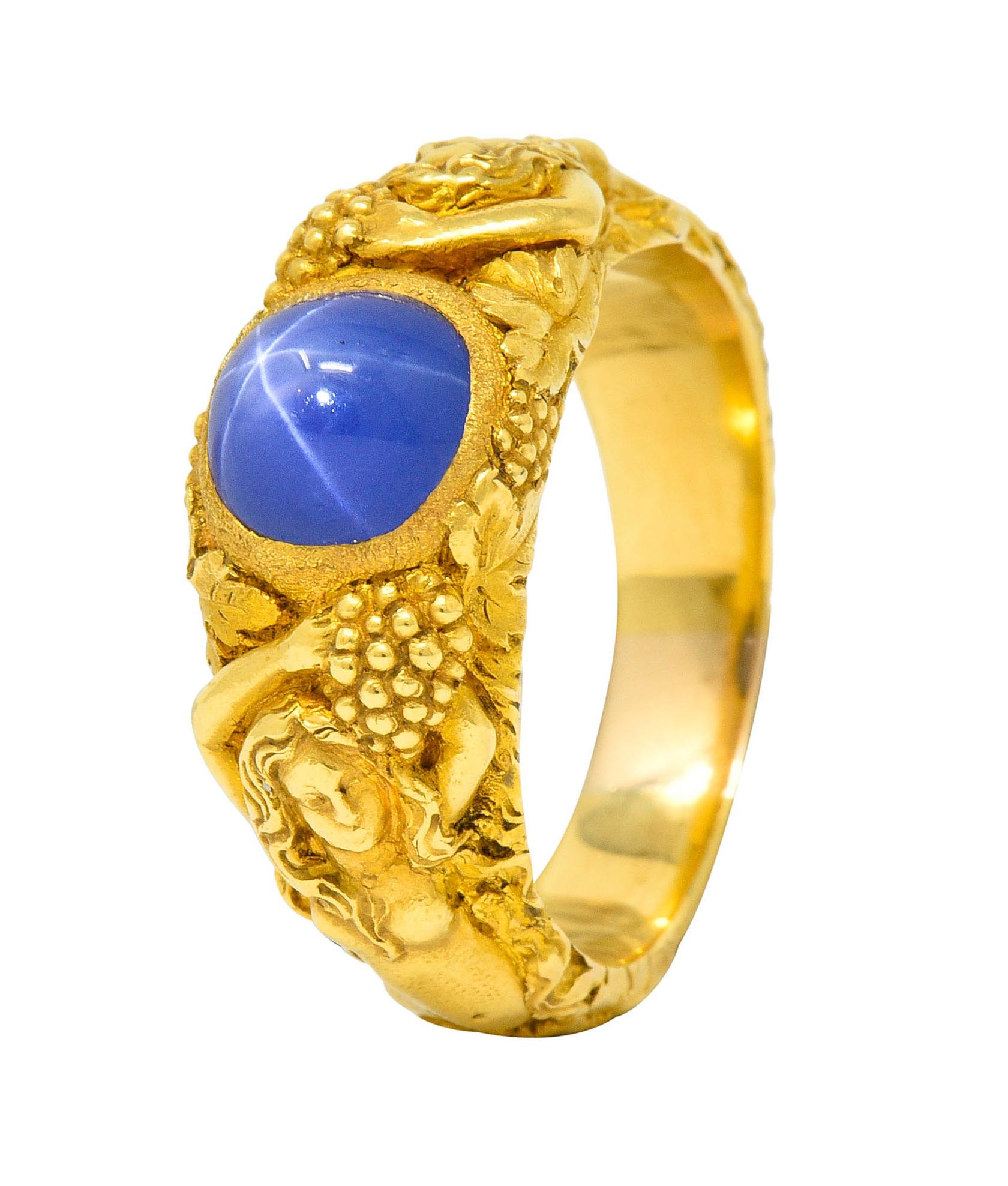 Cabochon Tiffany & Co. Art Nouveau Star Sapphire 14 Karat Gold Bacchantes Unisex Ring