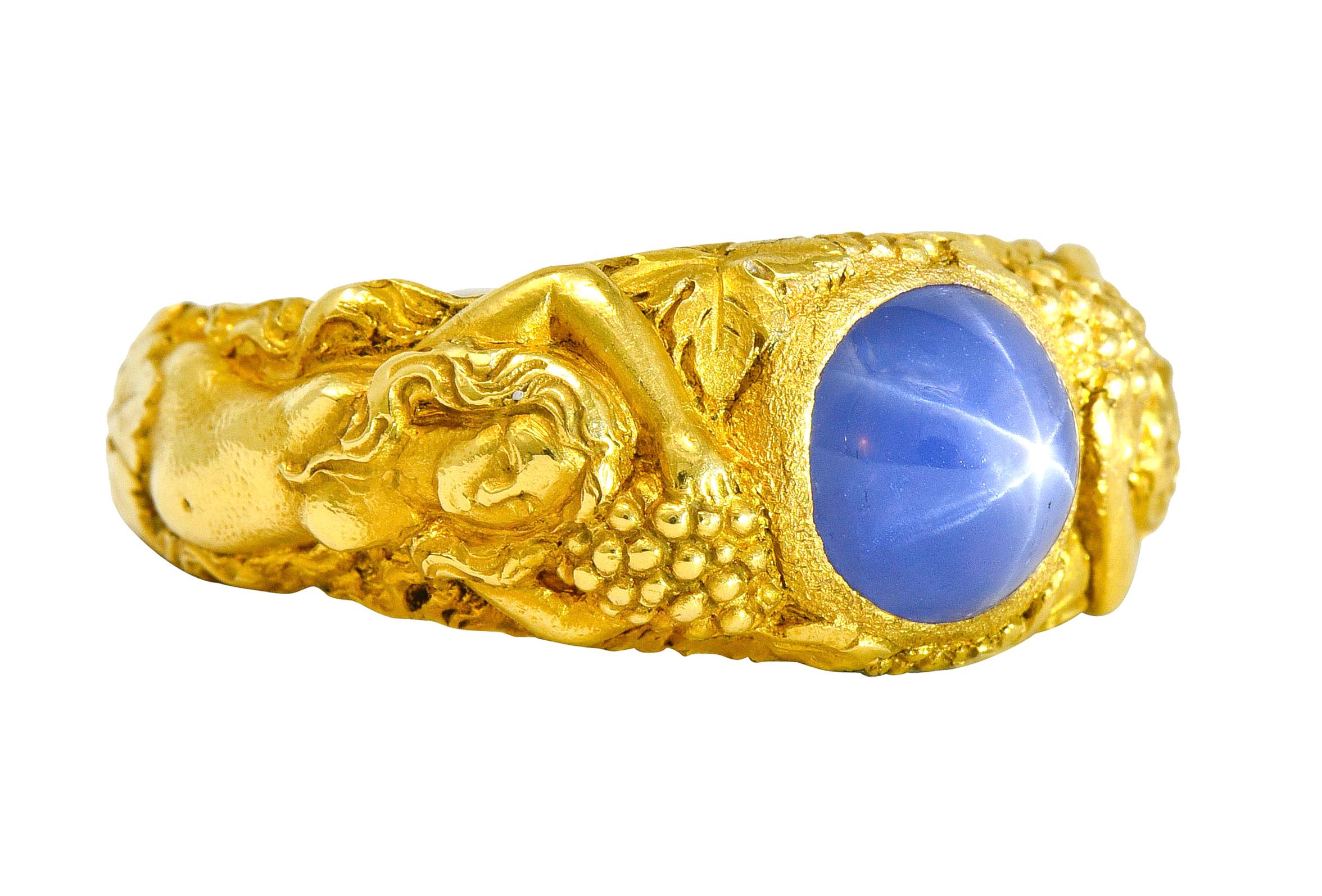 Tiffany & Co. Art Nouveau Star Sapphire 14 Karat Gold Bacchantes Unisex Ring In Excellent Condition In Philadelphia, PA