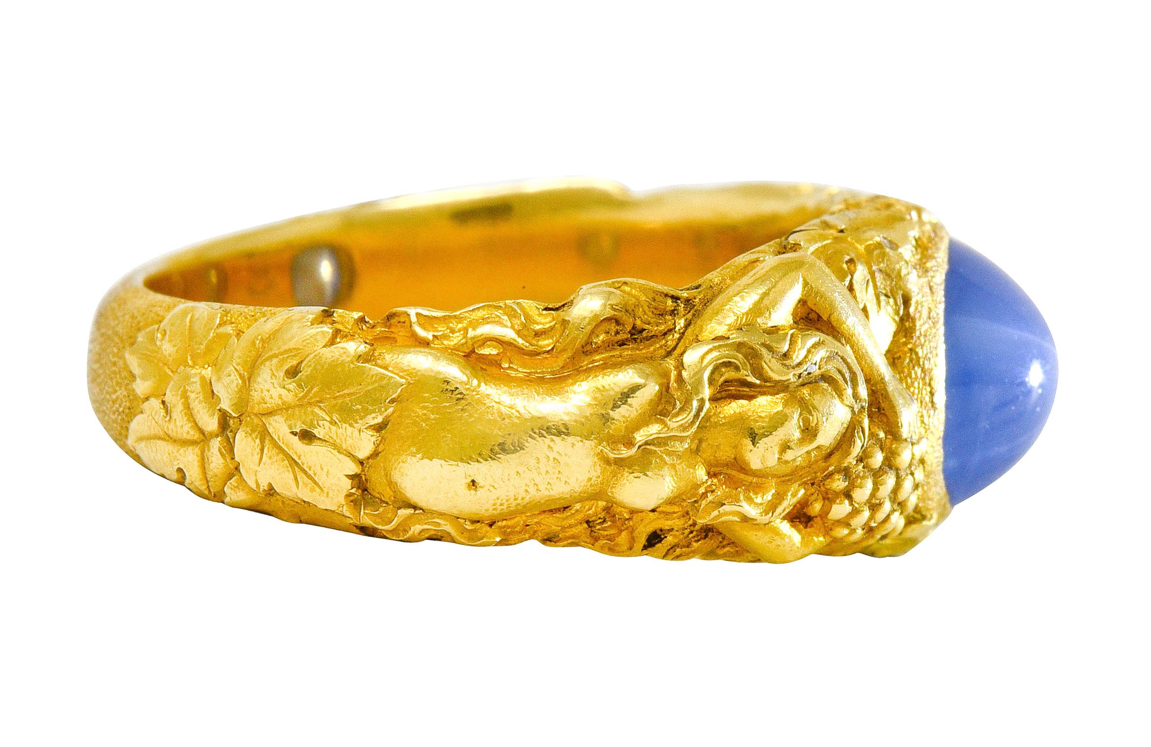 Tiffany & Co. Art Nouveau Star Sapphire 14 Karat Gold Bacchantes Unisex Ring 1