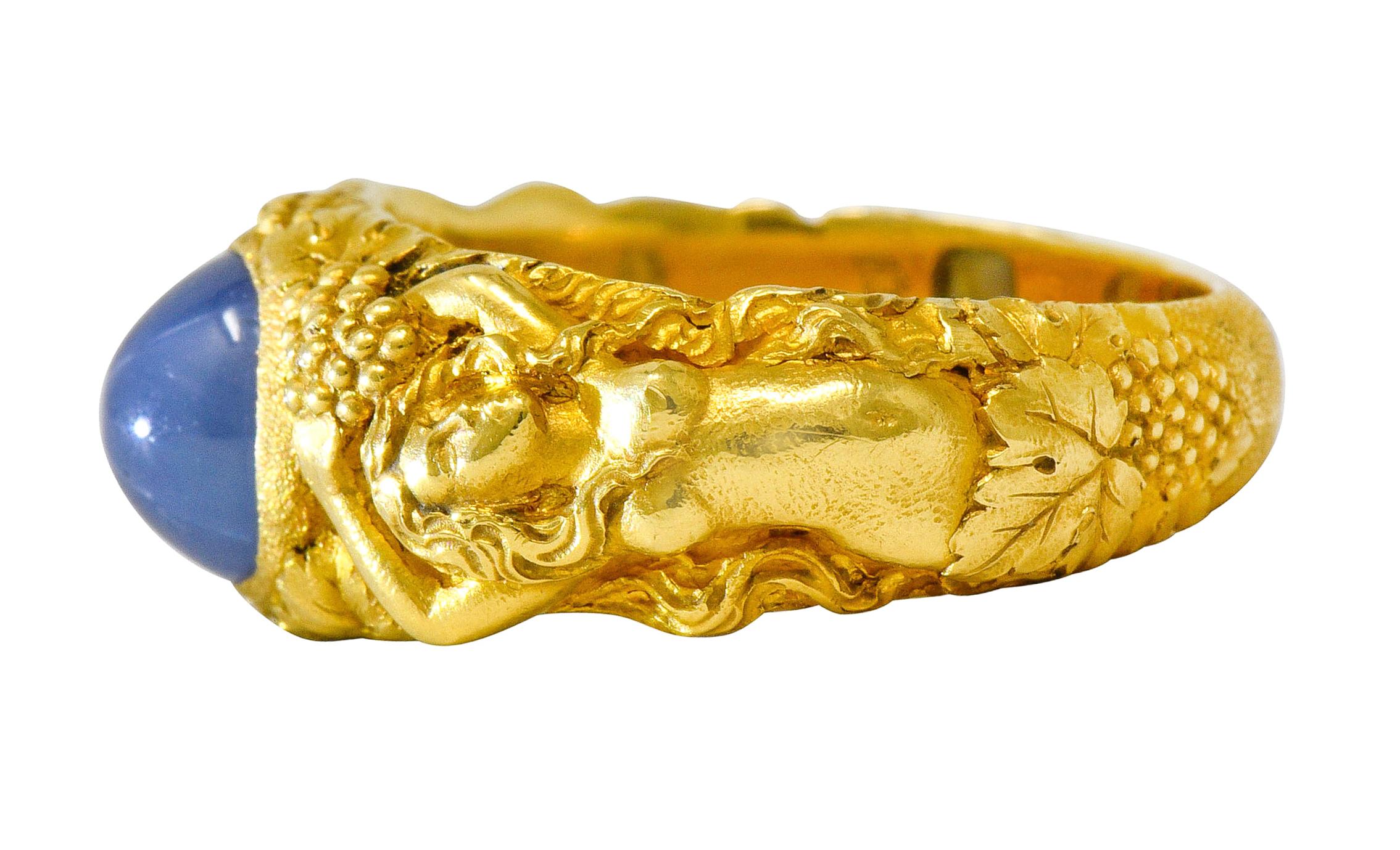 Tiffany & Co. Art Nouveau Star Sapphire 14 Karat Gold Bacchantes Unisex Ring 3