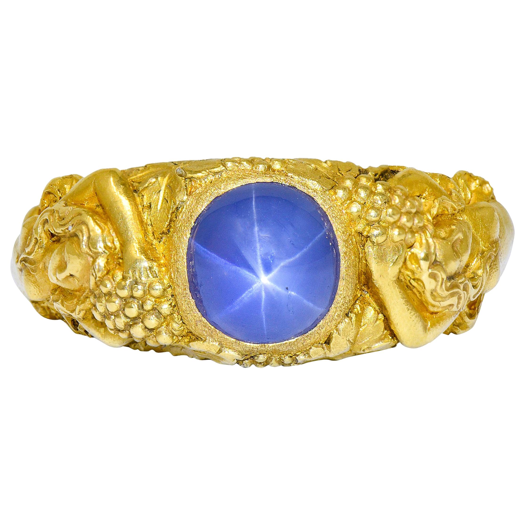 Tiffany & Co. Art Nouveau Star Sapphire 14 Karat Gold Bacchantes Unisex Ring