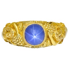 Tiffany & Co. Bague unisexe Art Nouveau Star Sapphire Bacchantes en or 14 carats