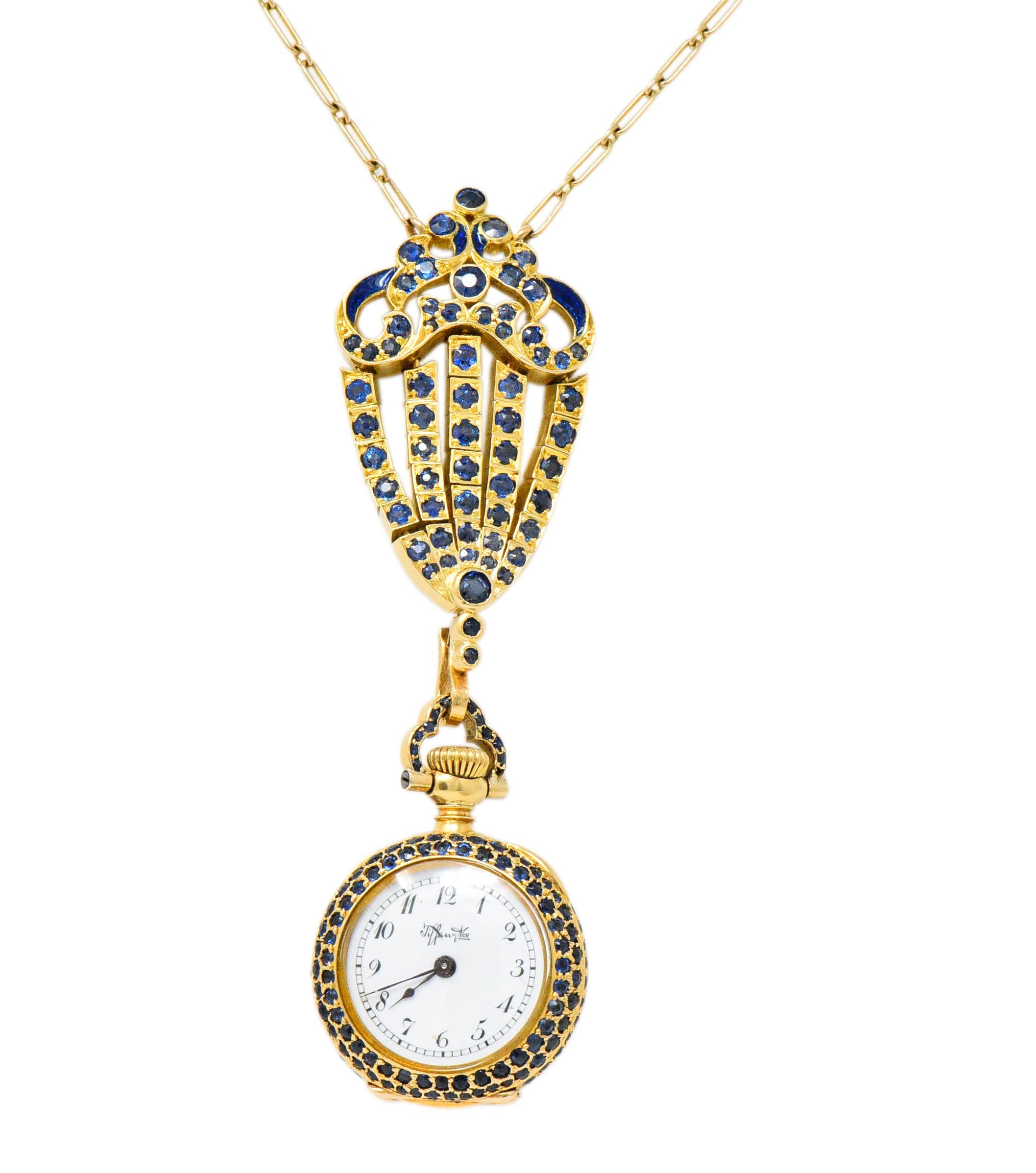 Arts and Crafts Tiffany & Co. Arts & Crafts Sapphire Enamel 18 Karat Gold Watch Pendant Necklace
