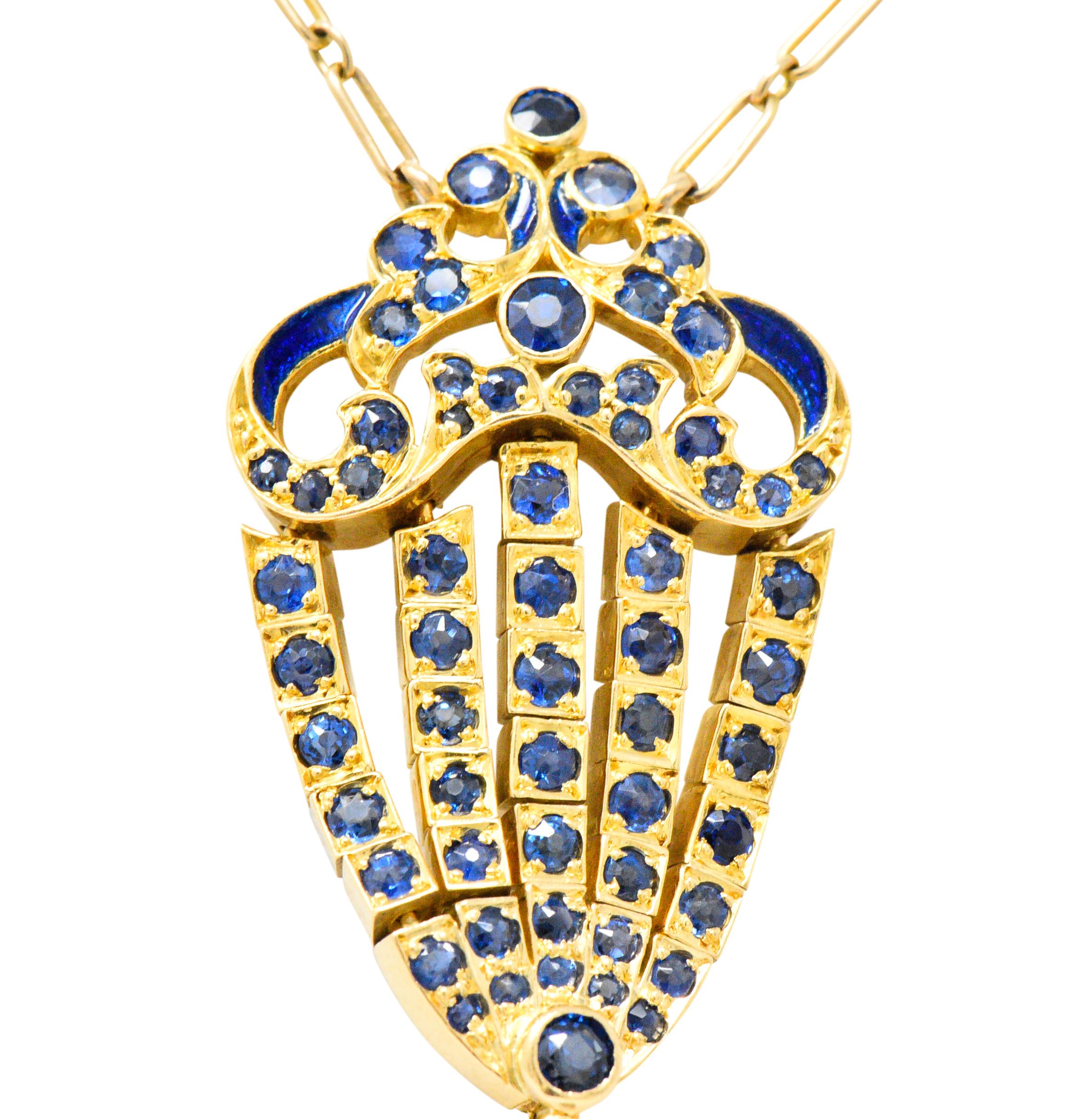 Round Cut Tiffany & Co. Arts & Crafts Sapphire Enamel 18 Karat Gold Watch Pendant Necklace