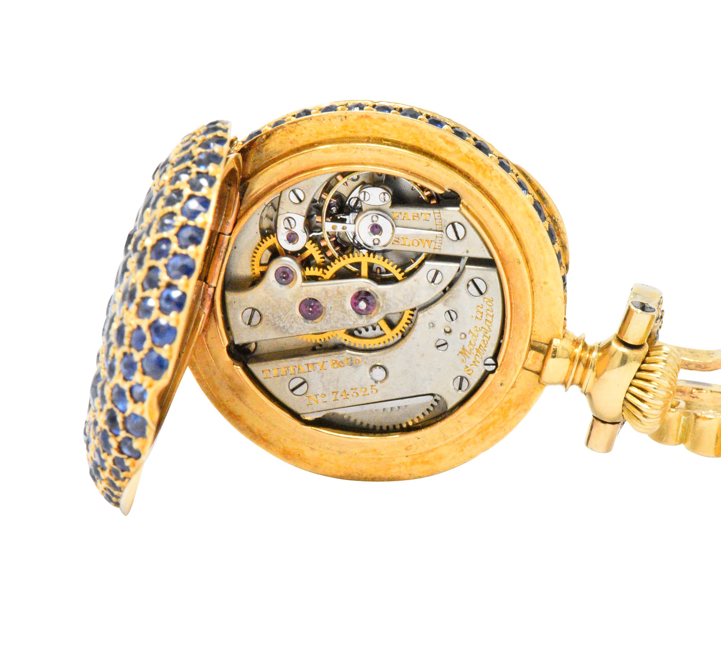 Women's or Men's Tiffany & Co. Arts & Crafts Sapphire Enamel 18 Karat Gold Watch Pendant Necklace