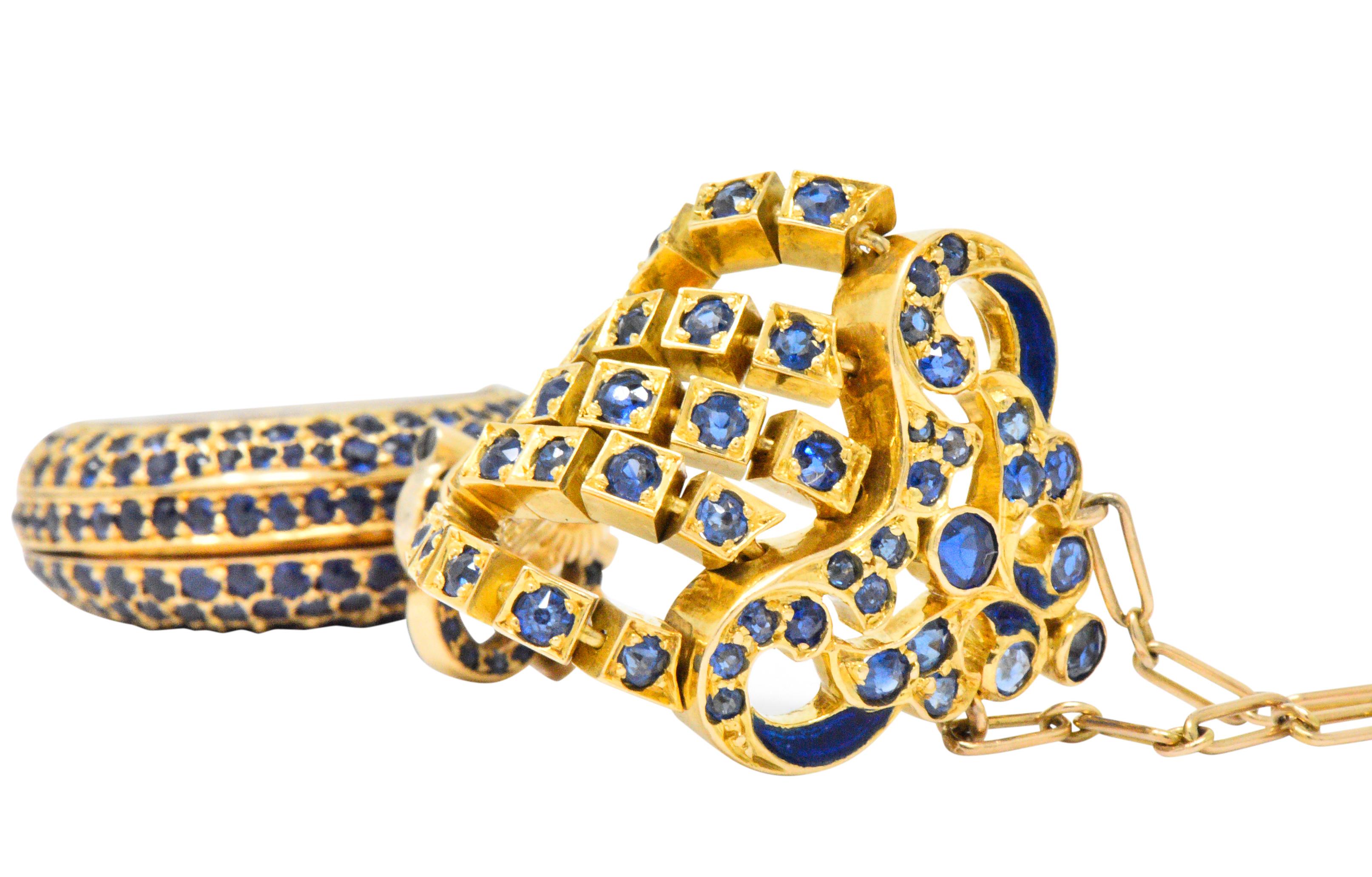 Tiffany & Co. Arts & Crafts Sapphire Enamel 18 Karat Gold Watch Pendant Necklace 1