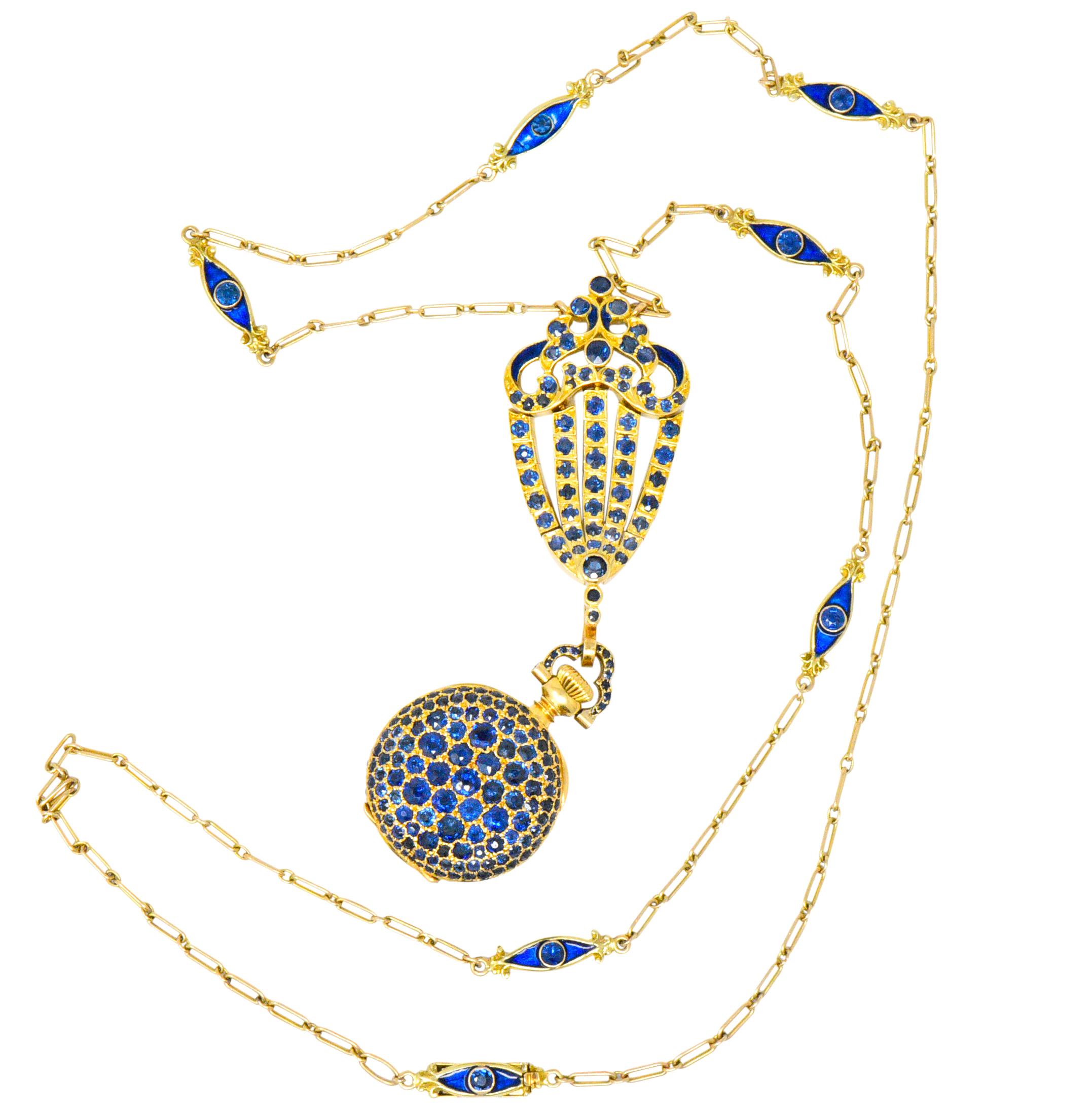Tiffany & Co. Arts & Crafts Sapphire Enamel 18 Karat Gold Watch Pendant Necklace 3