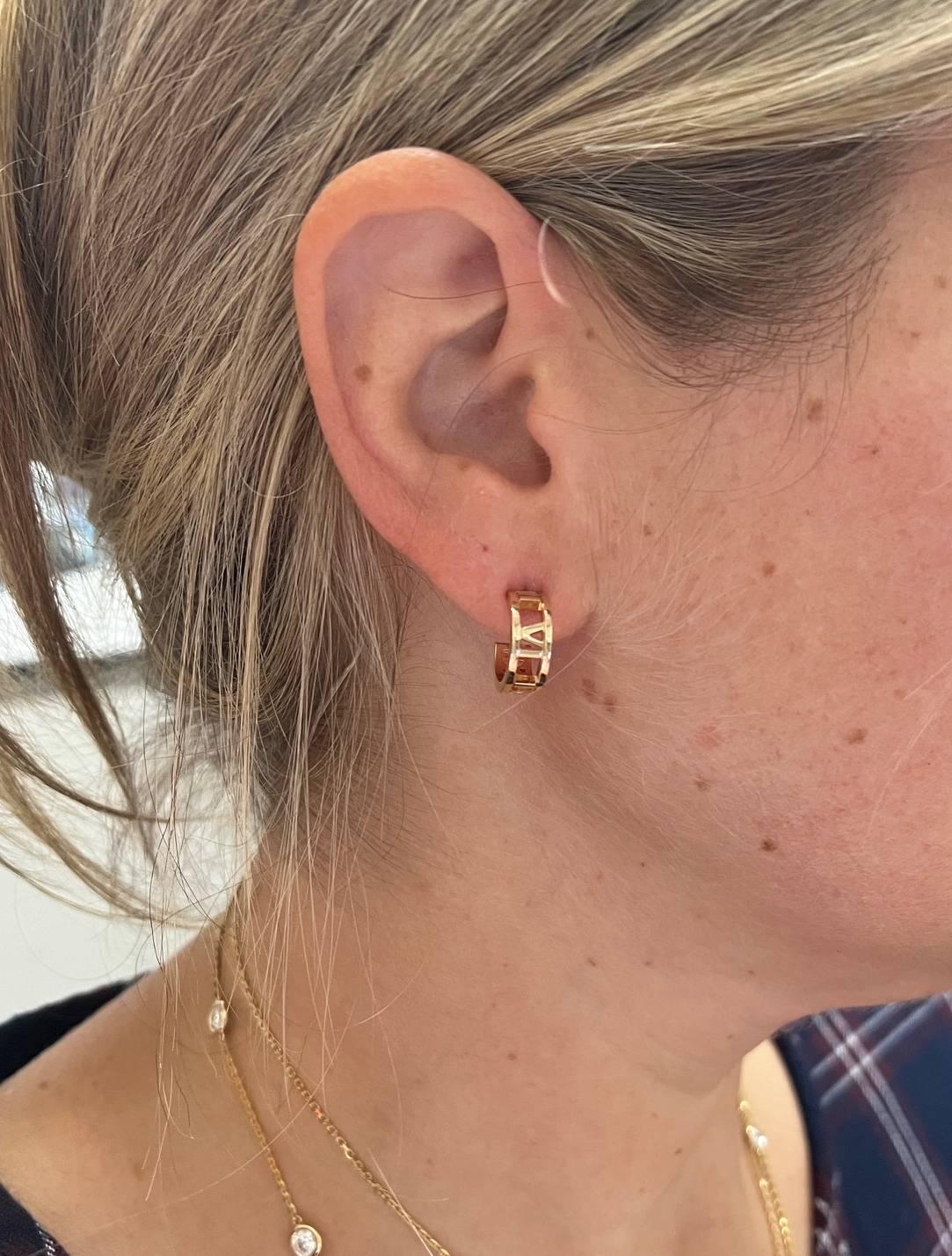 Tiffany & Co. Atlas 18 Karat Rose Gold Open Hoop Huggie Earrings In Excellent Condition In  Baltimore, MD