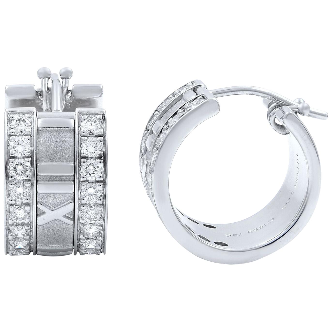 Tiffany & Co Atlas 18 Karat White Gold Diamond Huggie Hoop Earrings 1.00 Carat