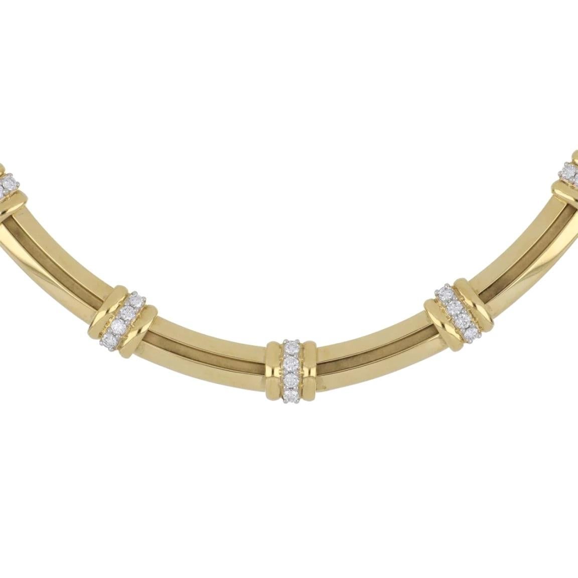 Round Cut TIFFANY & Co. Atlas 18K Gold Diamond Groove Bar Link Necklace 16