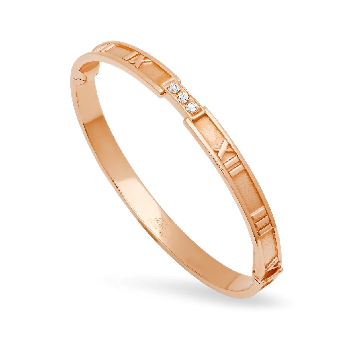 TIFFANY & Co. Atlas 18K Rose Gold 3 Diamond Bangle Bracelet

Metal: 18K Rose Gold
Weight: 26.10 grams
Inside diameter: Oval shape, 58mm(2.28