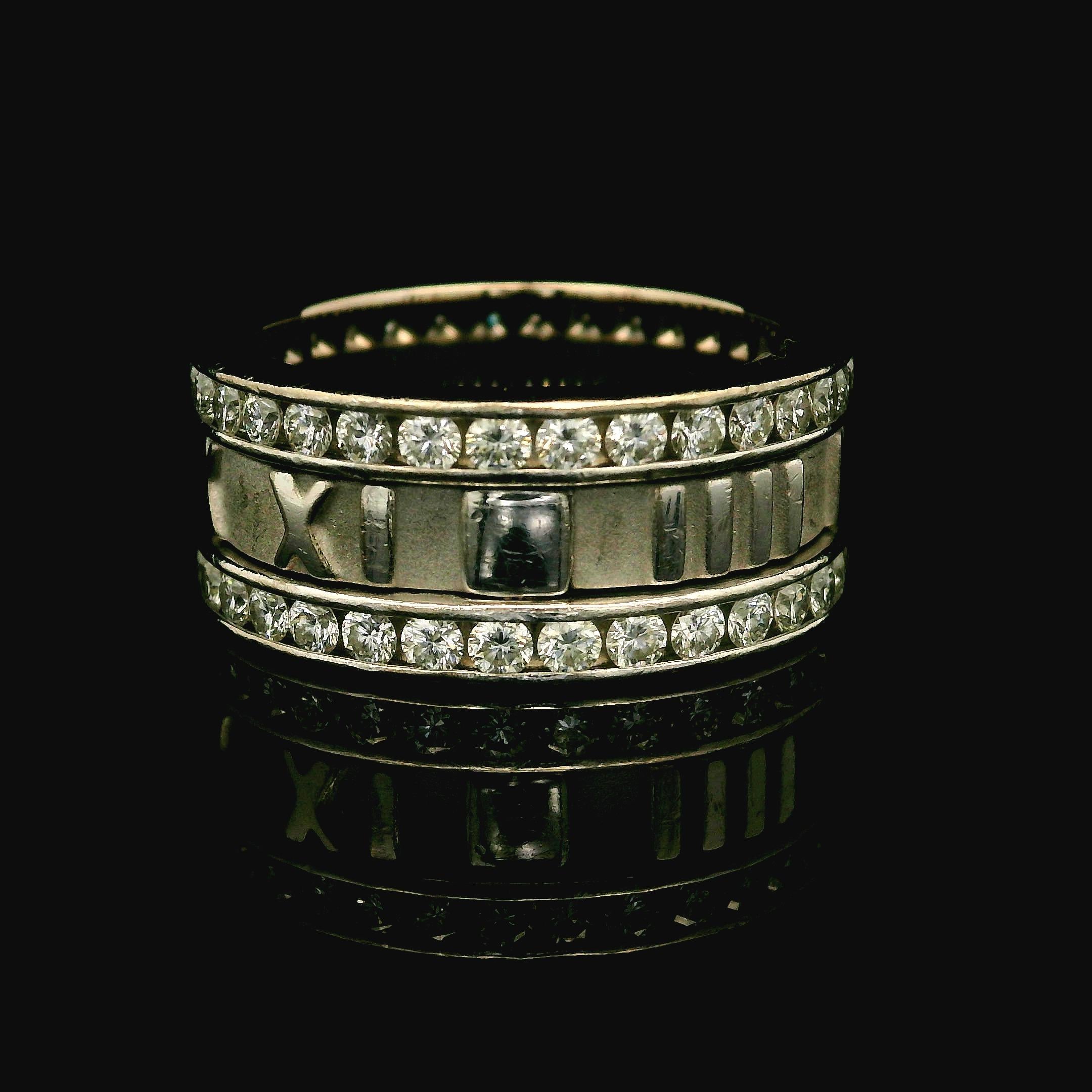 Tiffany & Co. Atlas 18k White Gold 1.60ctw Diamond Roman Numeral Wide Band Ring In Excellent Condition For Sale In Montclair, NJ