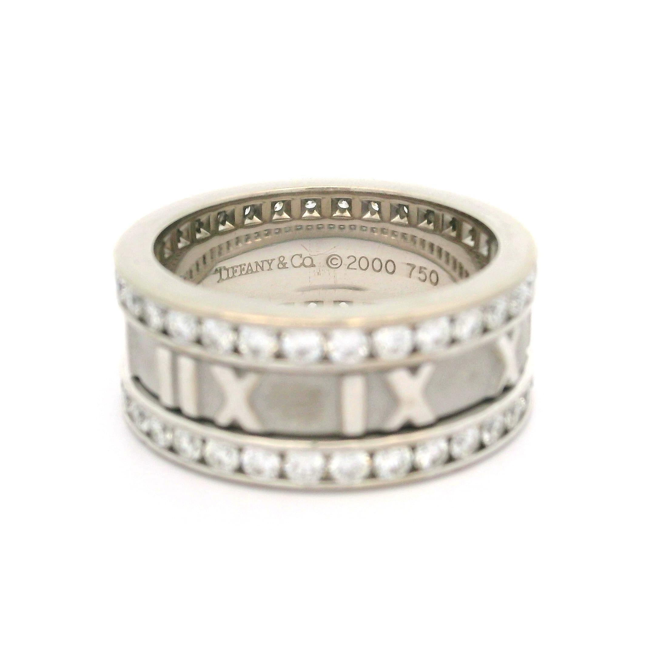Women's Tiffany & Co. Atlas 18k White Gold 1.60ctw Diamond Roman Numeral Wide Band Ring For Sale