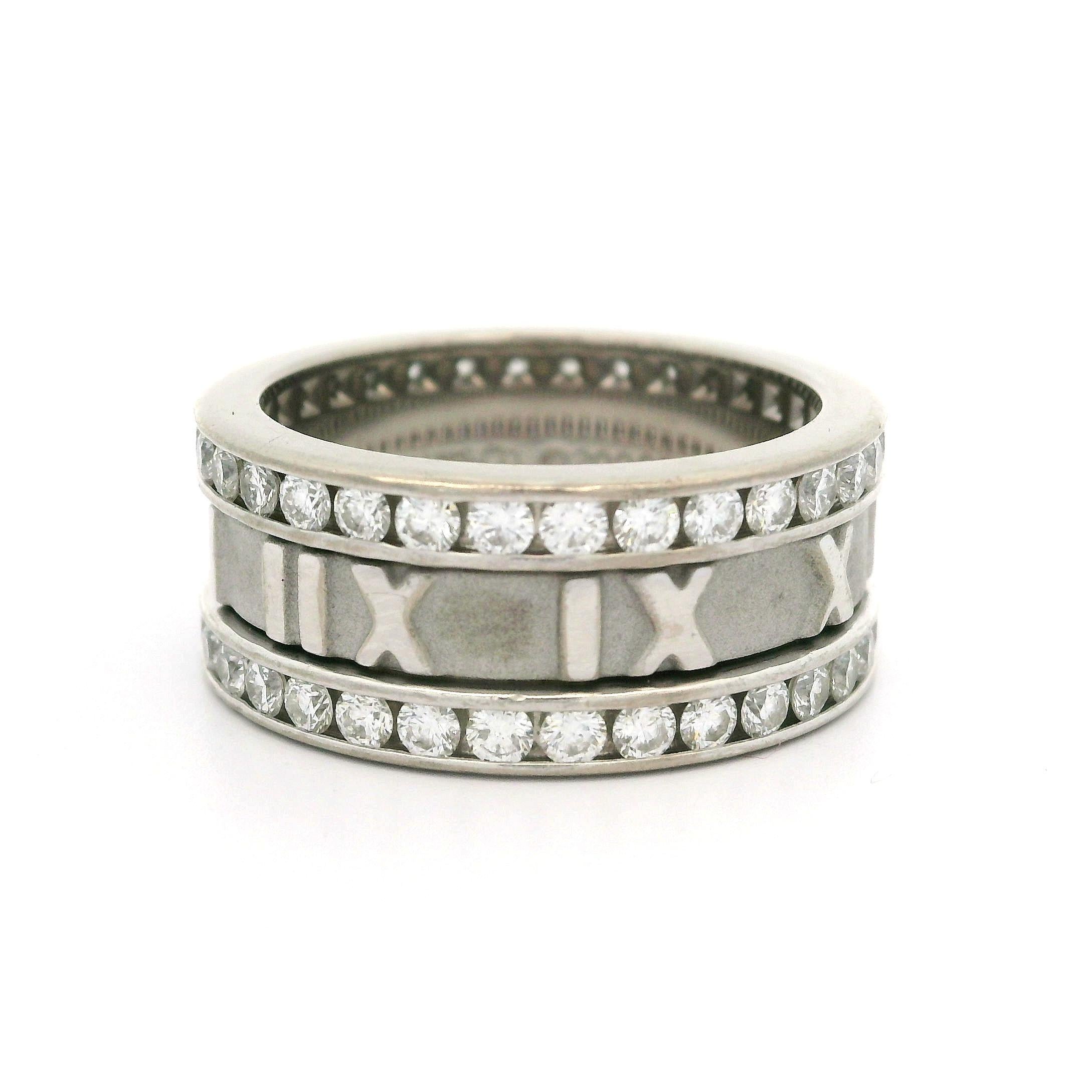 Tiffany & Co. Atlas 18k White Gold 1.60ctw Diamond Roman Numeral Wide Band Ring For Sale 1