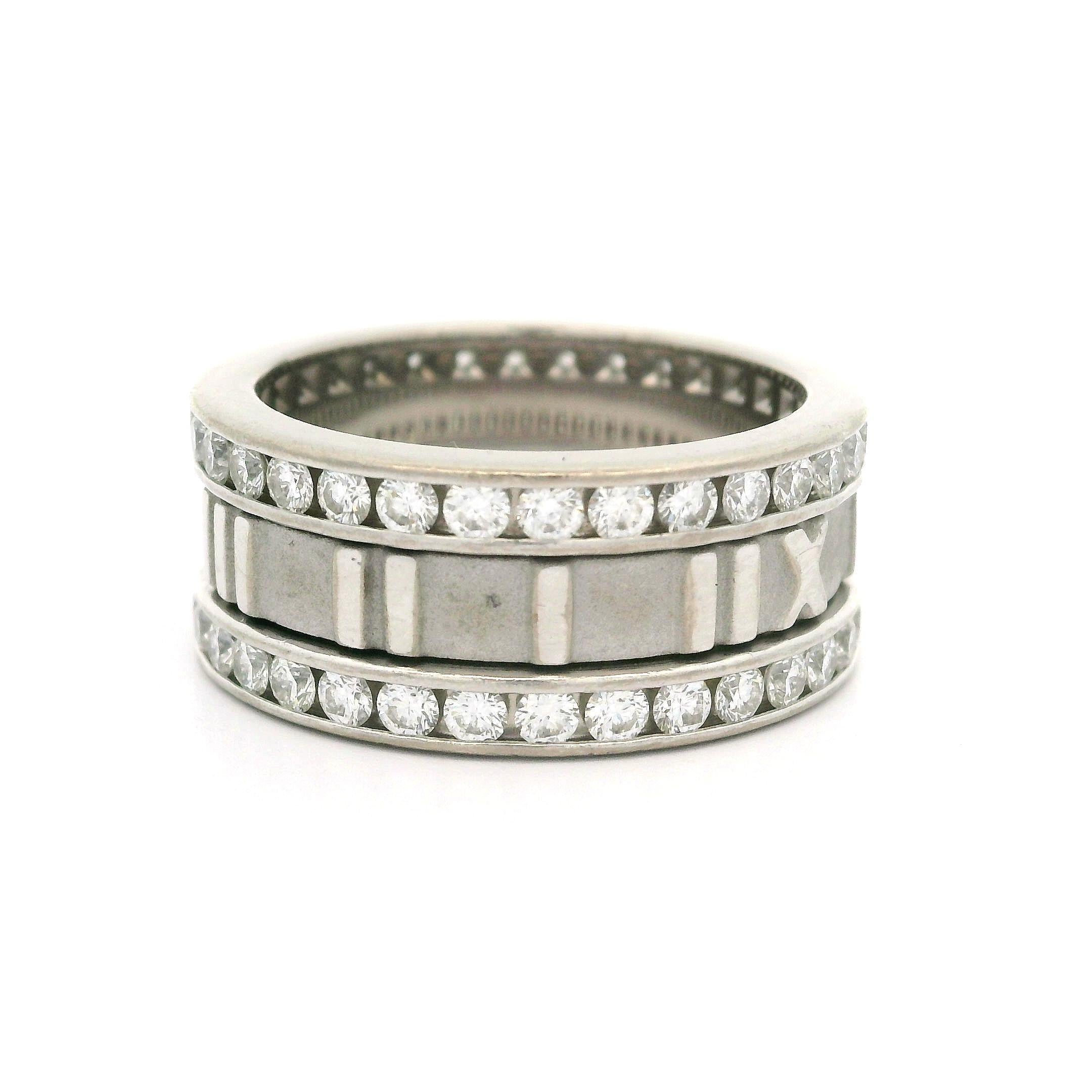 Tiffany & Co. Atlas 18k White Gold 1.60ctw Diamond Roman Numeral Wide Band Ring For Sale 2