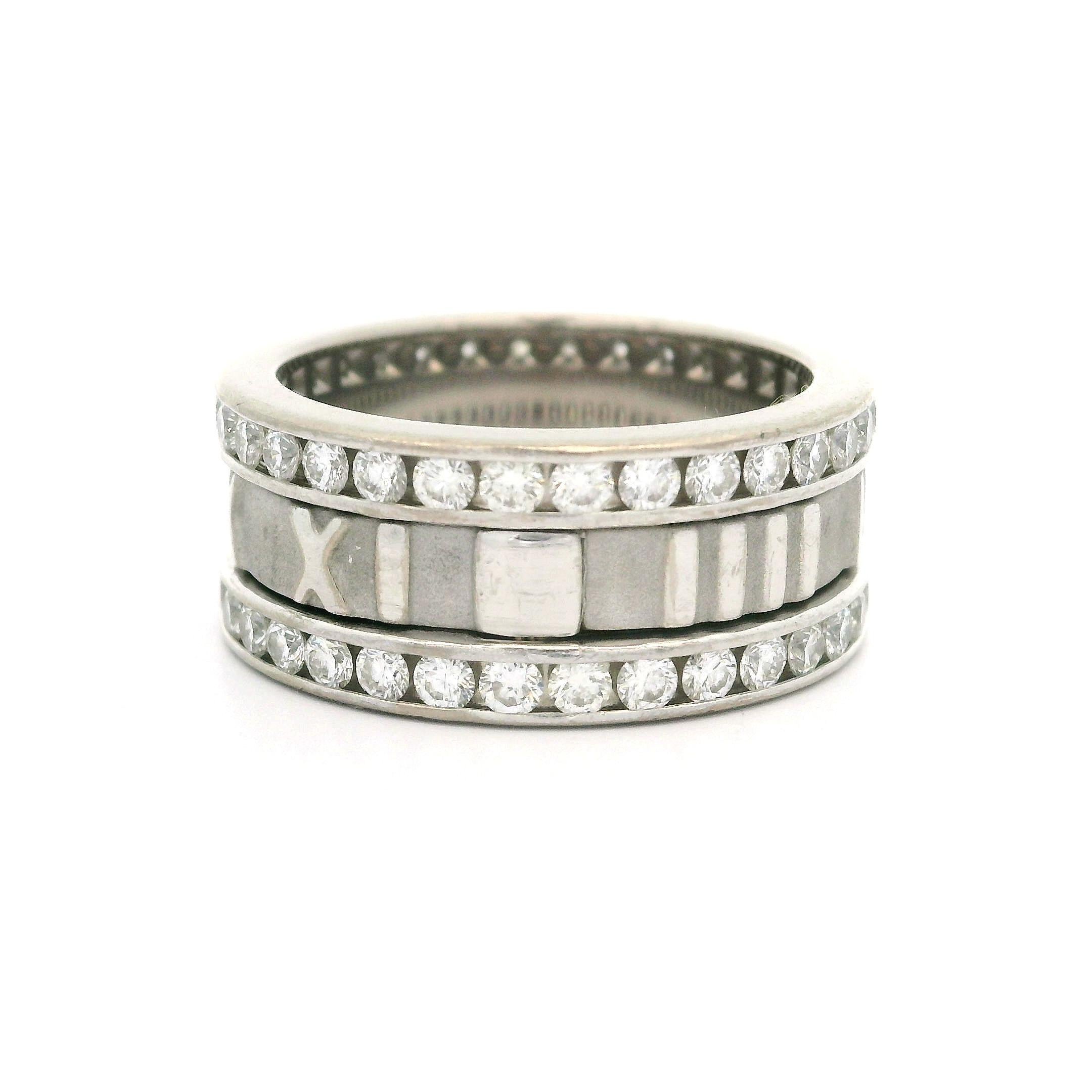 Tiffany & Co. Atlas 18k White Gold 1.60ctw Diamond Roman Numeral Wide Band Ring For Sale 3