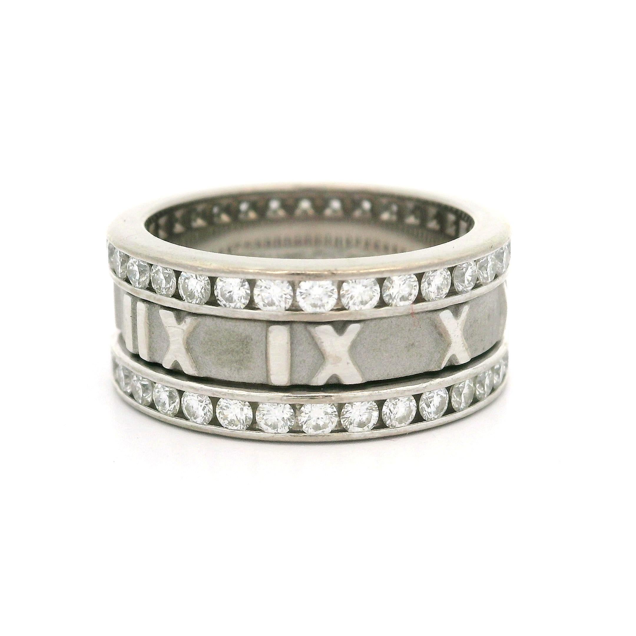 Tiffany & Co. Atlas 18k White Gold 1.60ctw Diamond Roman Numeral Wide Band Ring For Sale 4