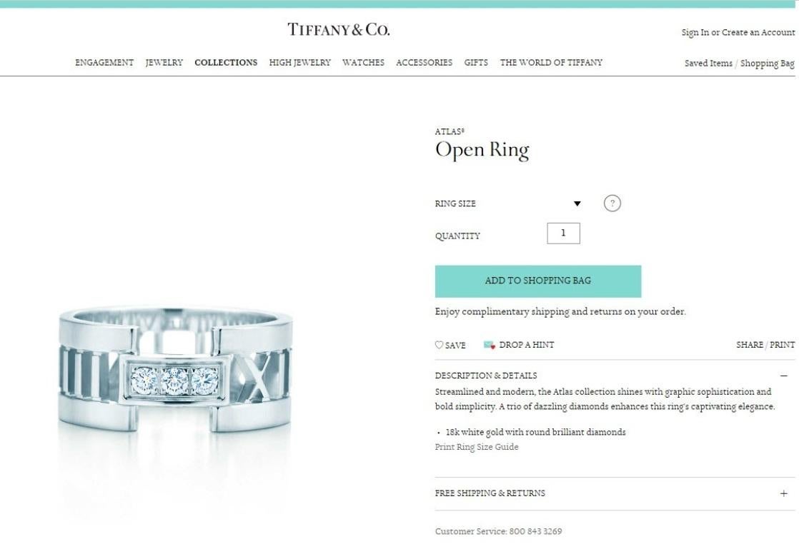 TIFFANY & Co. Atlas Bague ouverte en or blanc 18K avec 3 diamants 5,5 en vente 2