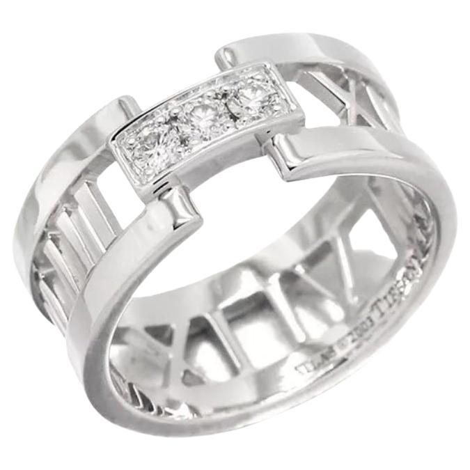 TIFFANY & Co. Atlas 18K White Gold 3 Diamonds Open Ring 7 For Sale