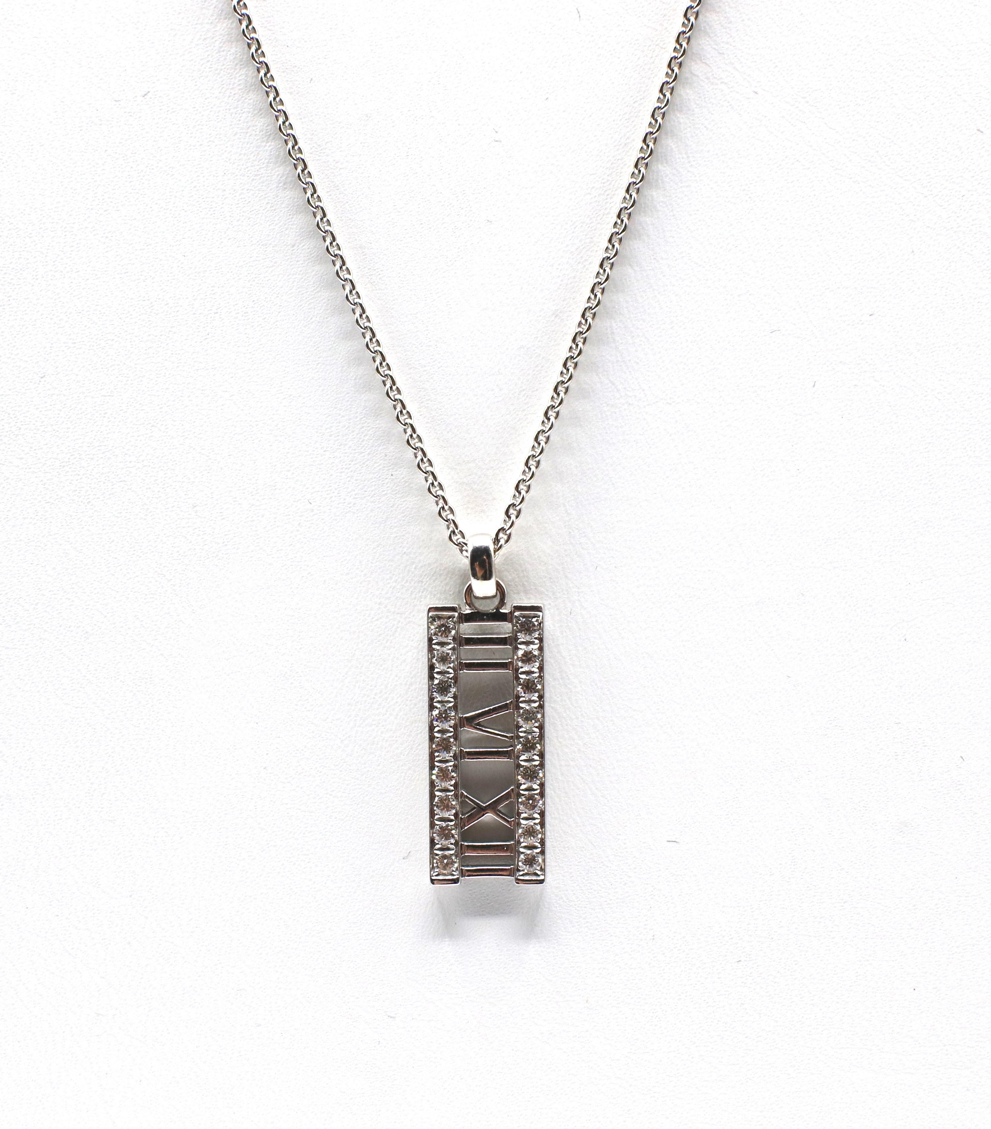 Modern Tiffany & Co. Atlas 18 Karat White Gold Natural Diamond Bar Pendant Necklace