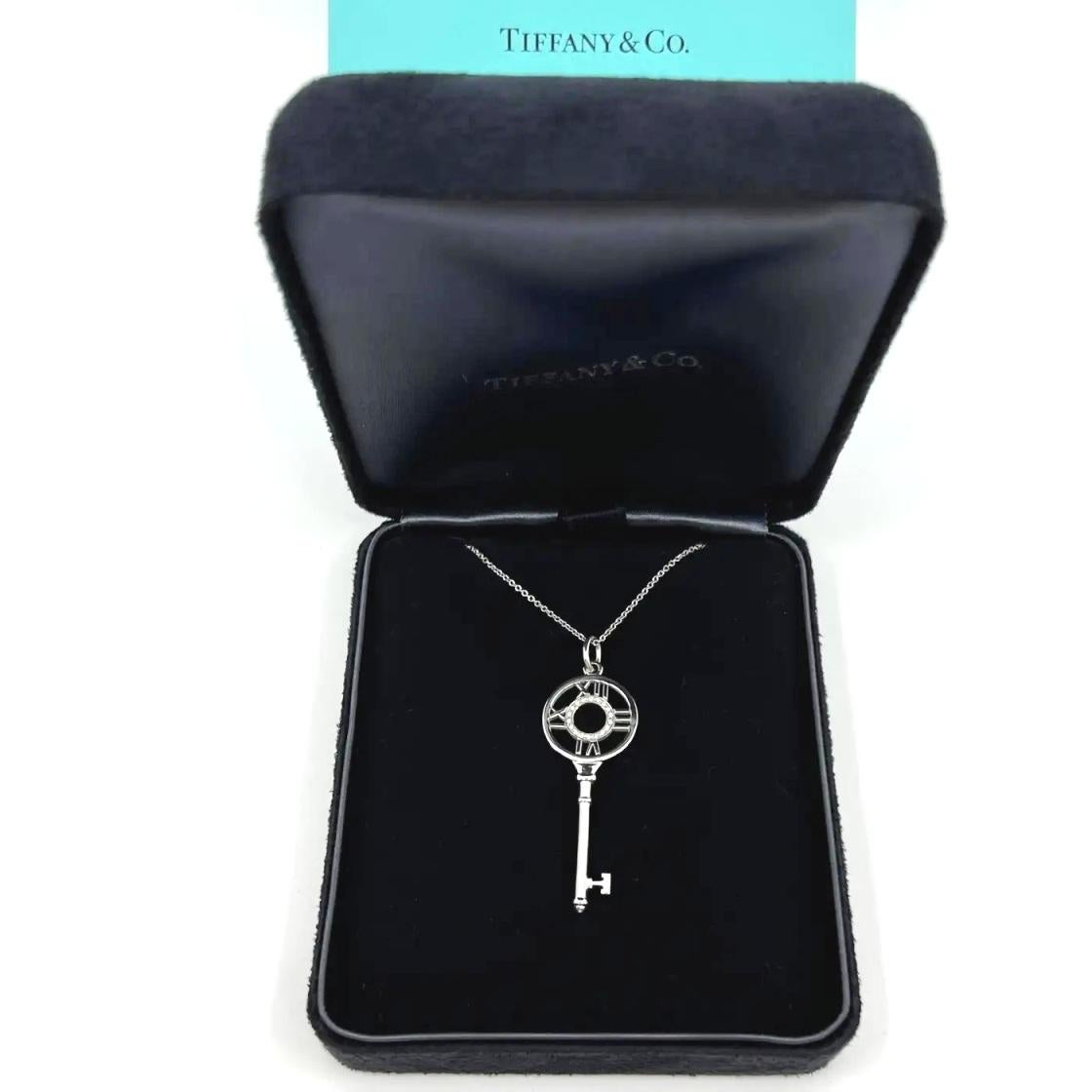 TIFFANY & Co. Atlas 18K White Gold Diamond Key Pendant Necklace In Excellent Condition For Sale In Los Angeles, CA