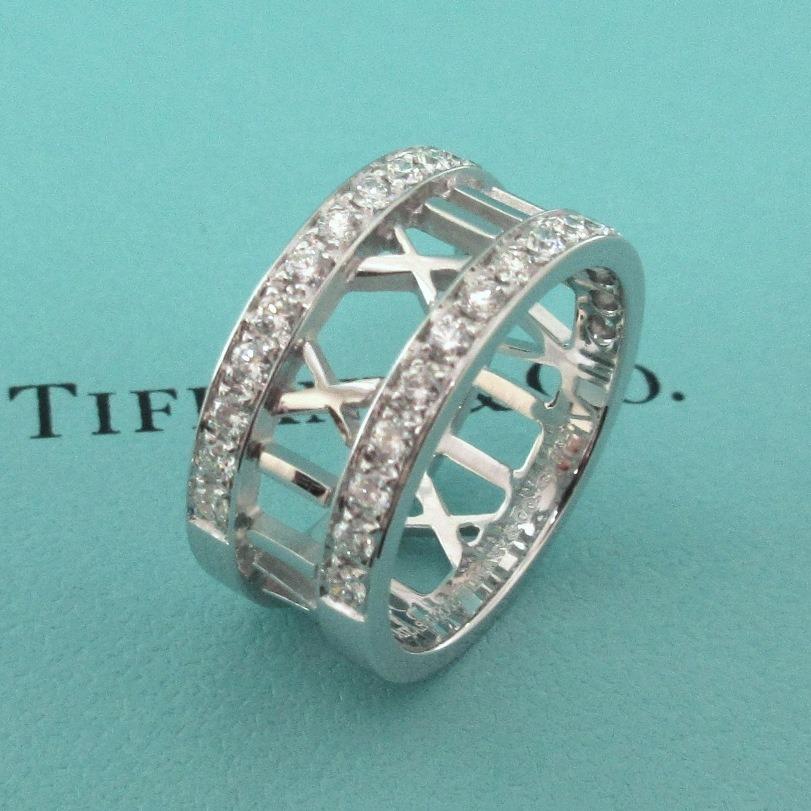 TIFFANY & Co. Atlas 18K White Gold Half Circle Diamond Open Ring 6.5 In Excellent Condition For Sale In Los Angeles, CA