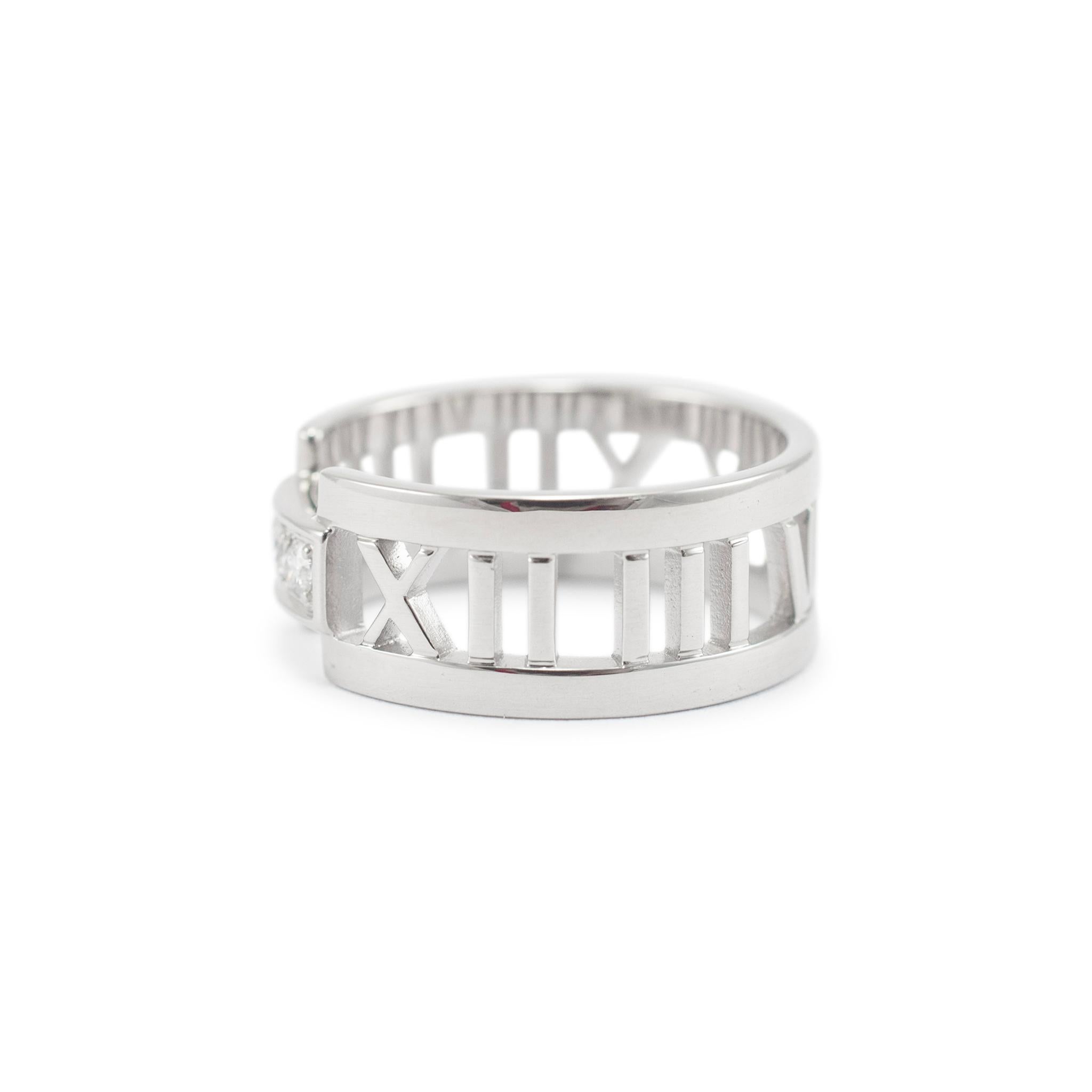 Round Cut Tiffany & Co. Atlas 18K White Gold Three Diamond Open Band Ring For Sale