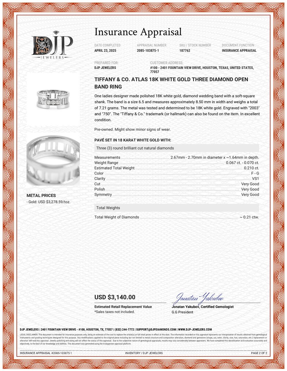 Tiffany & Co. Anillo abierto de tres diamantes Atlas de oro blanco de 18 quilates 3