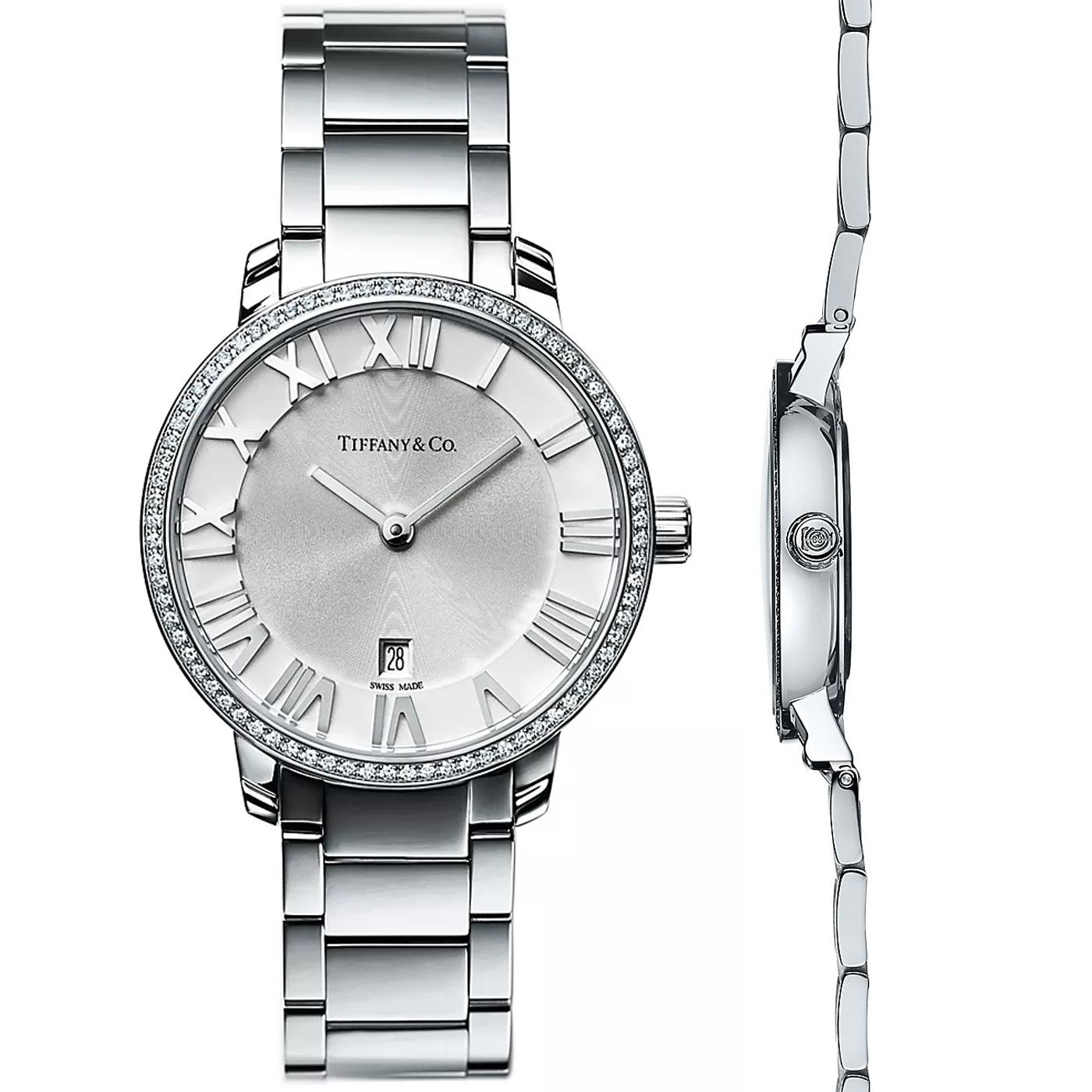Reloj Tiffany & Co Atlas de 2 manecillas de 31 mm de acero plateado con esfera azur y bisel redondo de diamantes Modernista en venta