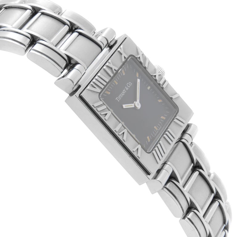 Tiffany and Co. Atlas Quadratische Edelstahl-Quarzuhr mit schwarzem ...