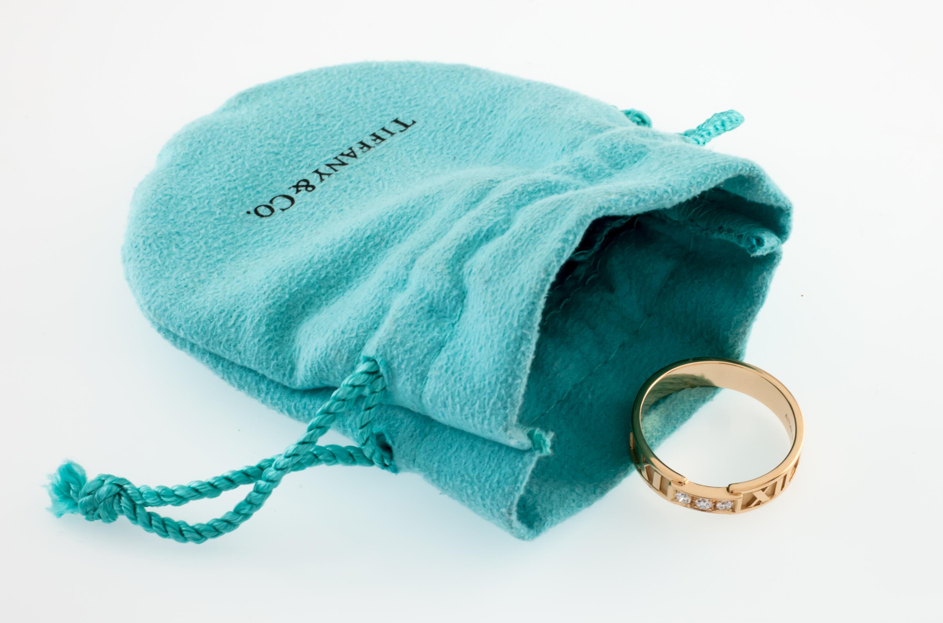 Modern Tiffany & Co. Atlas Band Ring with Three Diamonds and Pouch in Yellow Gold