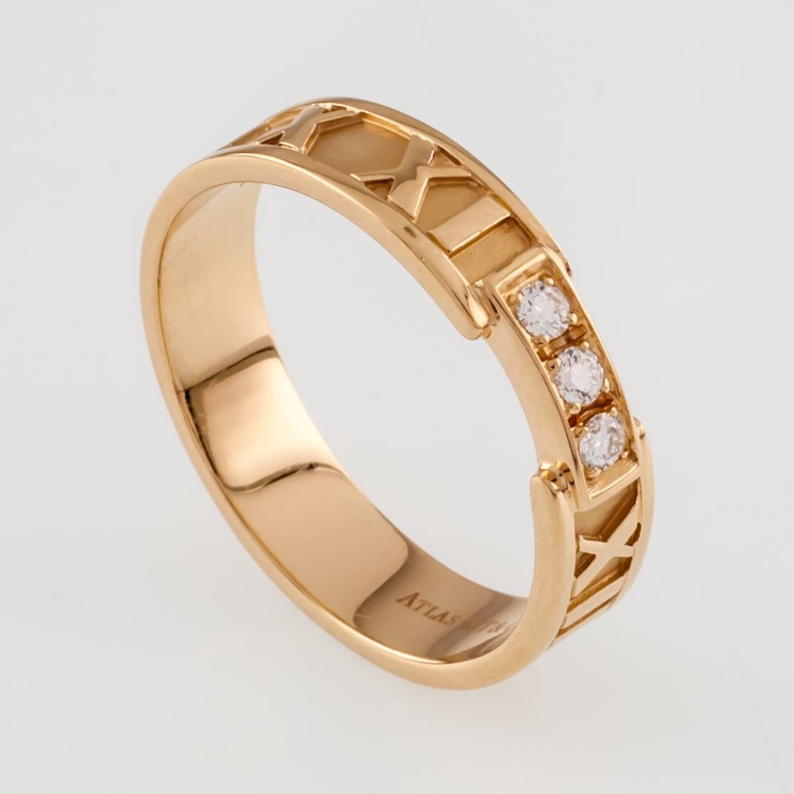 Round Cut Tiffany & Co. Atlas Band Ring with Three Diamonds and Pouch in Yellow Gold