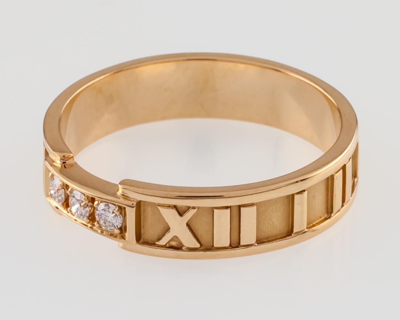 Tiffany & Co. Atlas Band Ring with Three Diamonds and Pouch in Yellow Gold In Good Condition In Sherman Oaks, CA