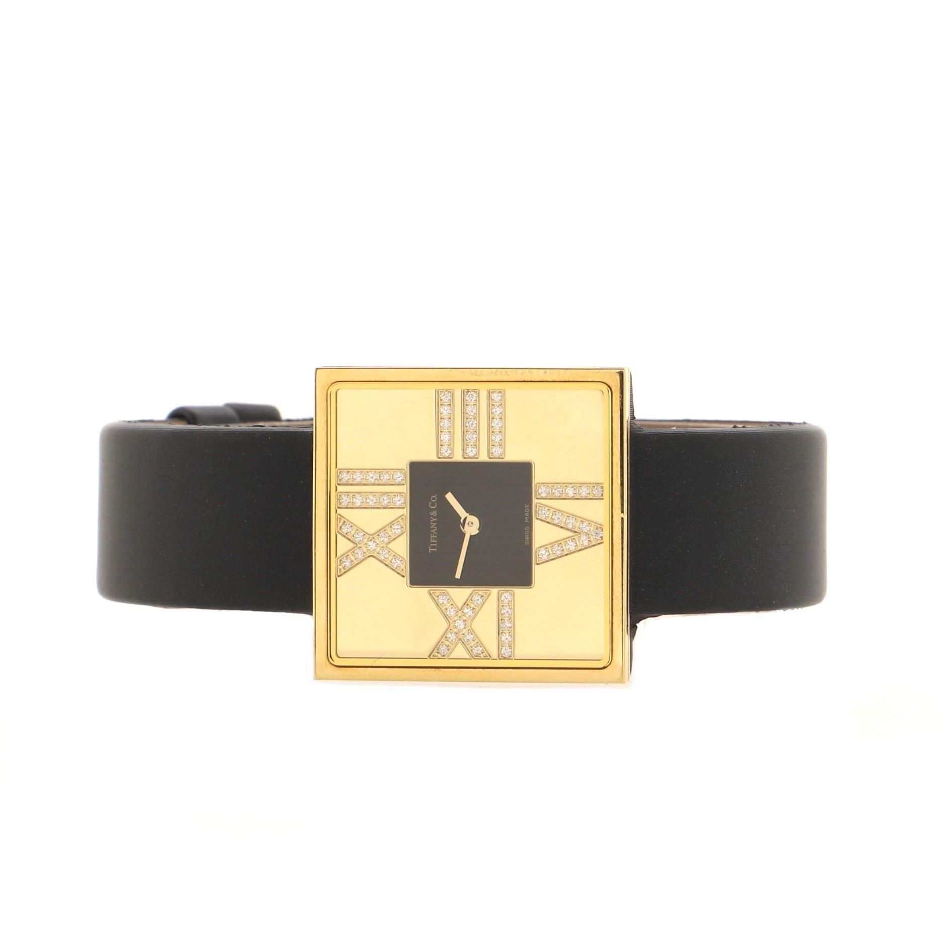 Women's Tiffany & Co. Atlas Cocktail Square Quartz Watch Yellow Gold and Satin with Diam