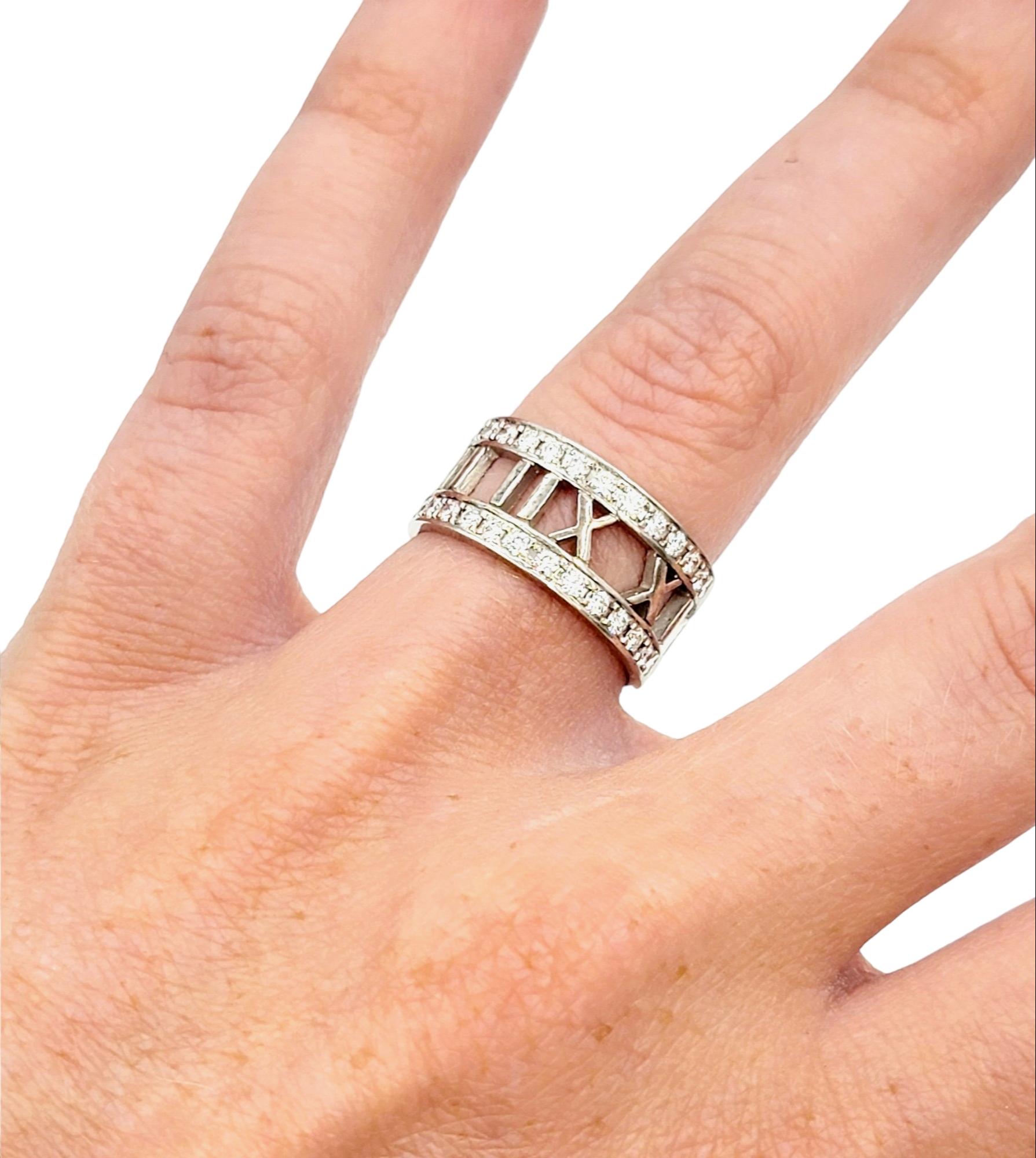 Round Cut Tiffany & Co. Atlas Collection Open 18 Karat White Gold Band Ring with Diamonds  For Sale