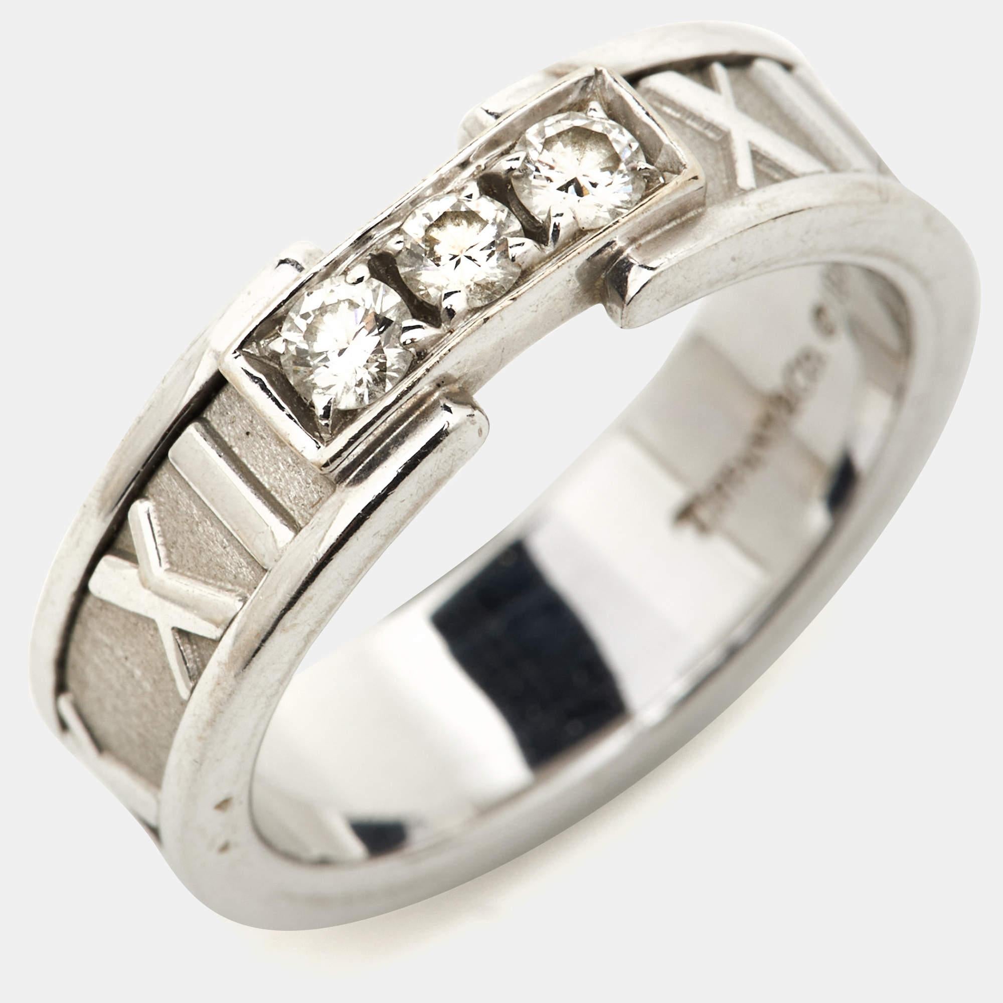 Tiffany & Co. Atlas Diamond 18K White Gold Band Ring 50 In Good Condition In Dubai, Al Qouz 2