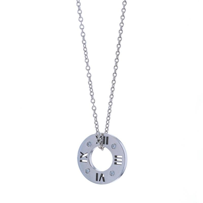 Brand: Tiffany & Co.
Collection: Atlas

Metal Content: 18k White Gold

Stone Information
Natural Diamonds
Cut: Round Brilliant
Stone Note: (four small accents)

Chain Style: Cable
Necklace Style: Chain
Fastening Type: Spring Ring Clasp
Features: