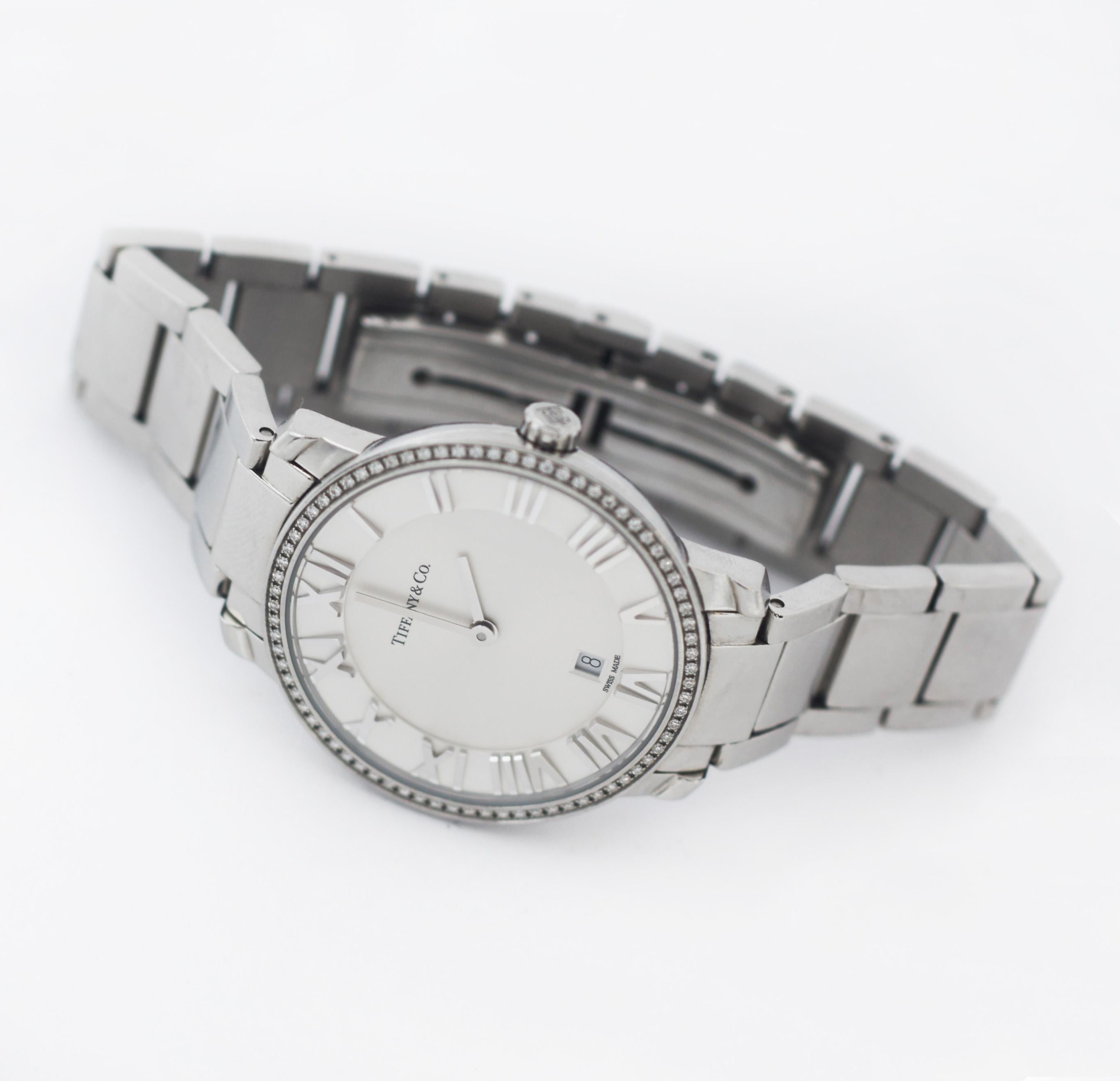 Round Cut Tiffany & Co. Atlas Diamond Stainless Steel Watch