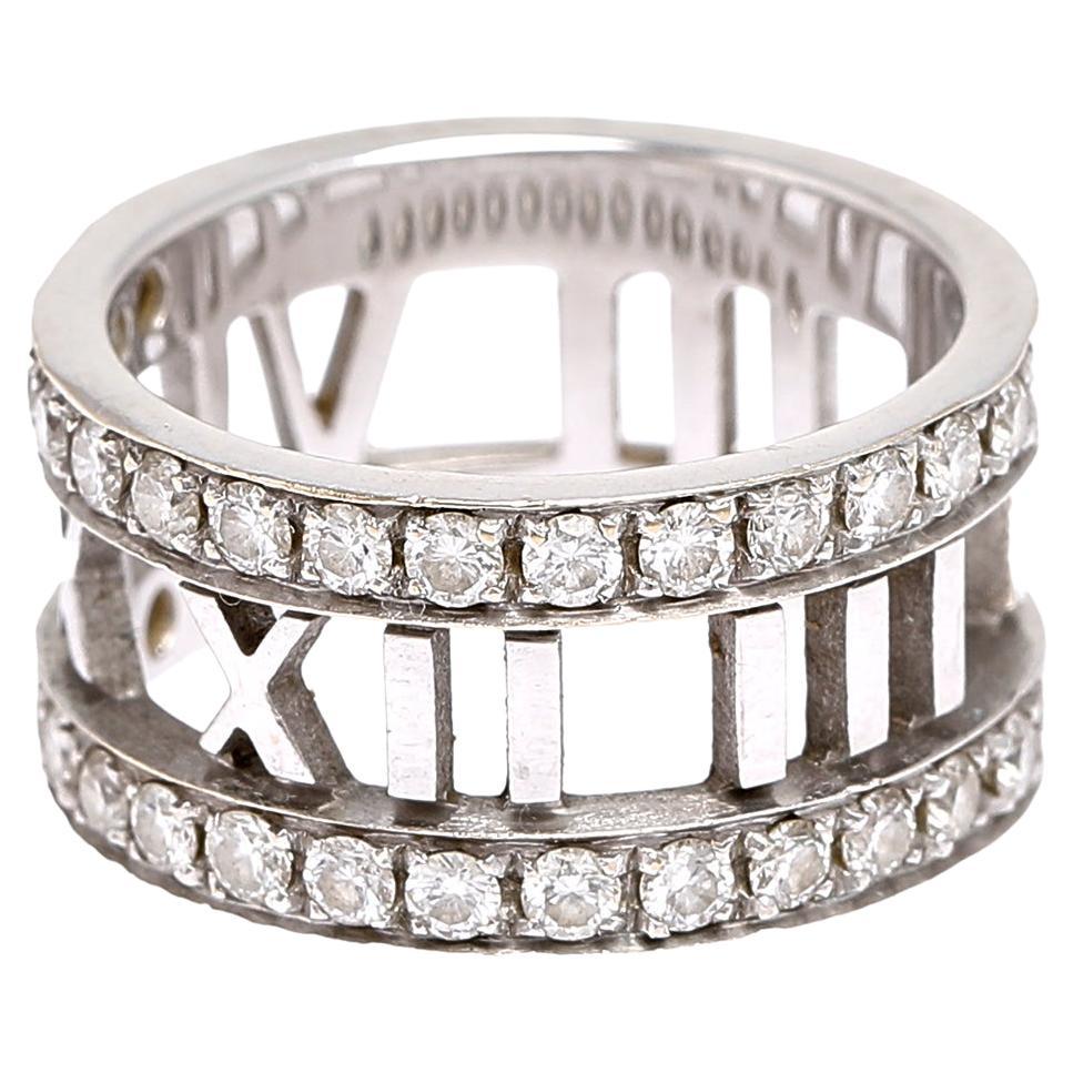 Tiffany & Co. Atlas Diamonds 18K White Gold Open Band Ring Size 49