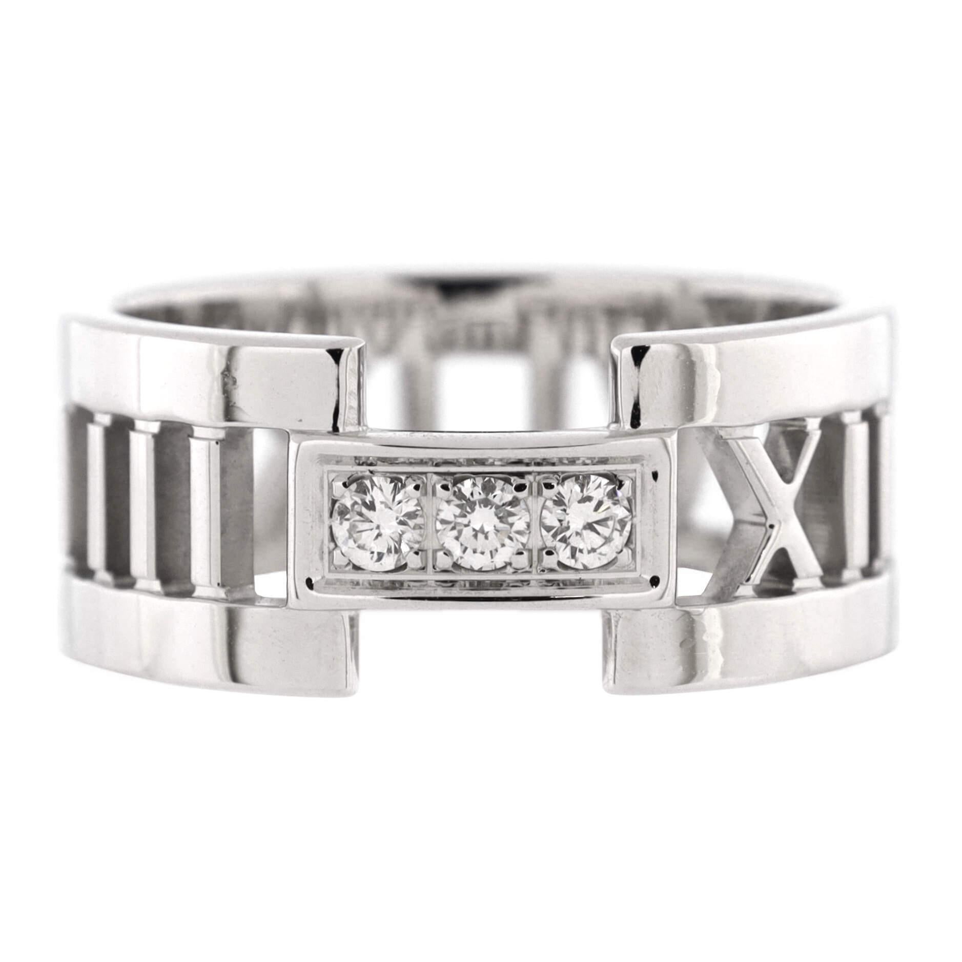 Condition: Great. Minor wear throughout.
Accessories: No Accessories
Measurements: Size: 7, Width: 8.45 mm
Designer: Tiffany & Co.
Model: Atlas Open Band Ring 18K White Gold and Diamonds
Exterior Color: White Gold
Item Number: 214405/14