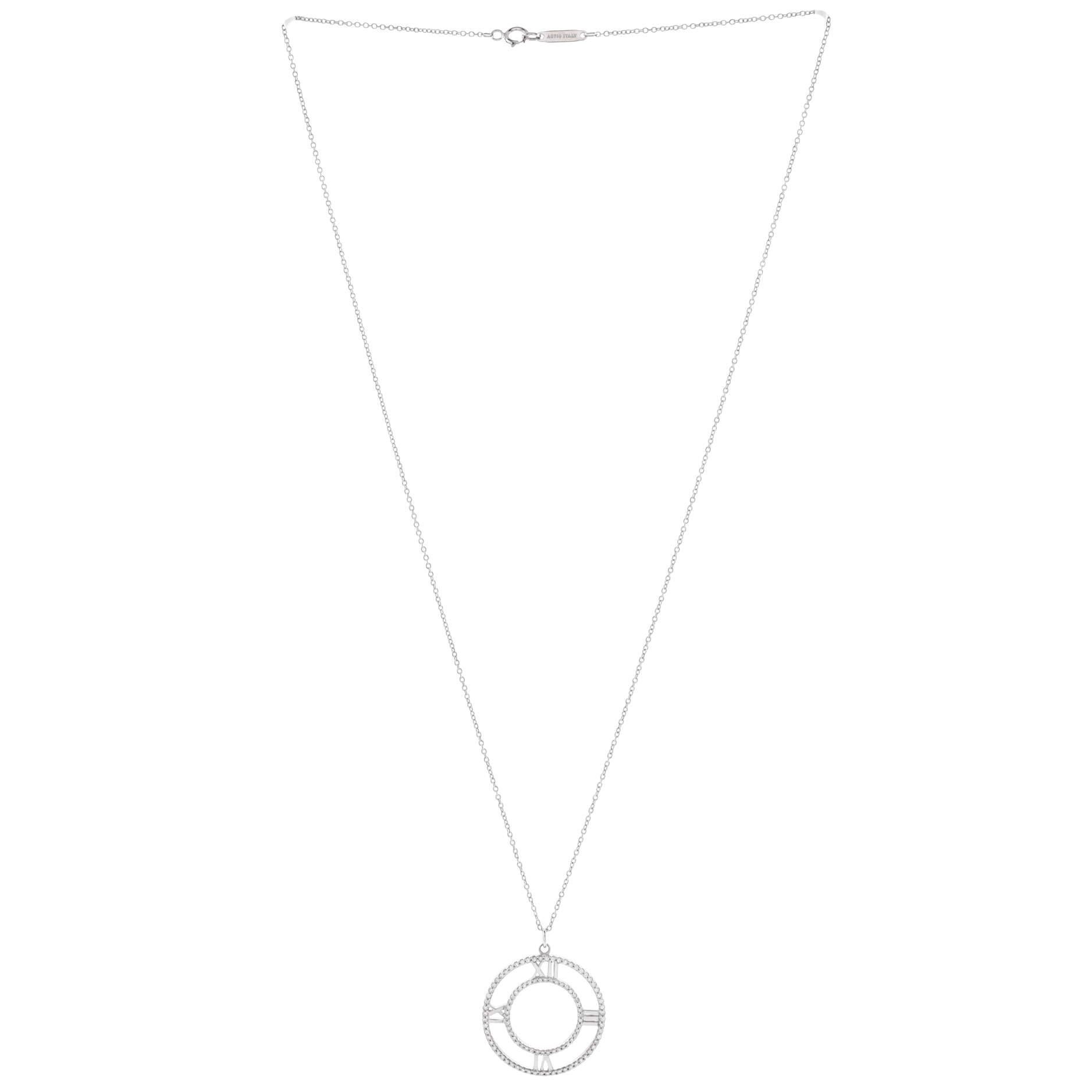 Tiffany & Co. Atlas Open Medallion Pendant Necklace 18K White Gold with Pave In Good Condition In New York, NY