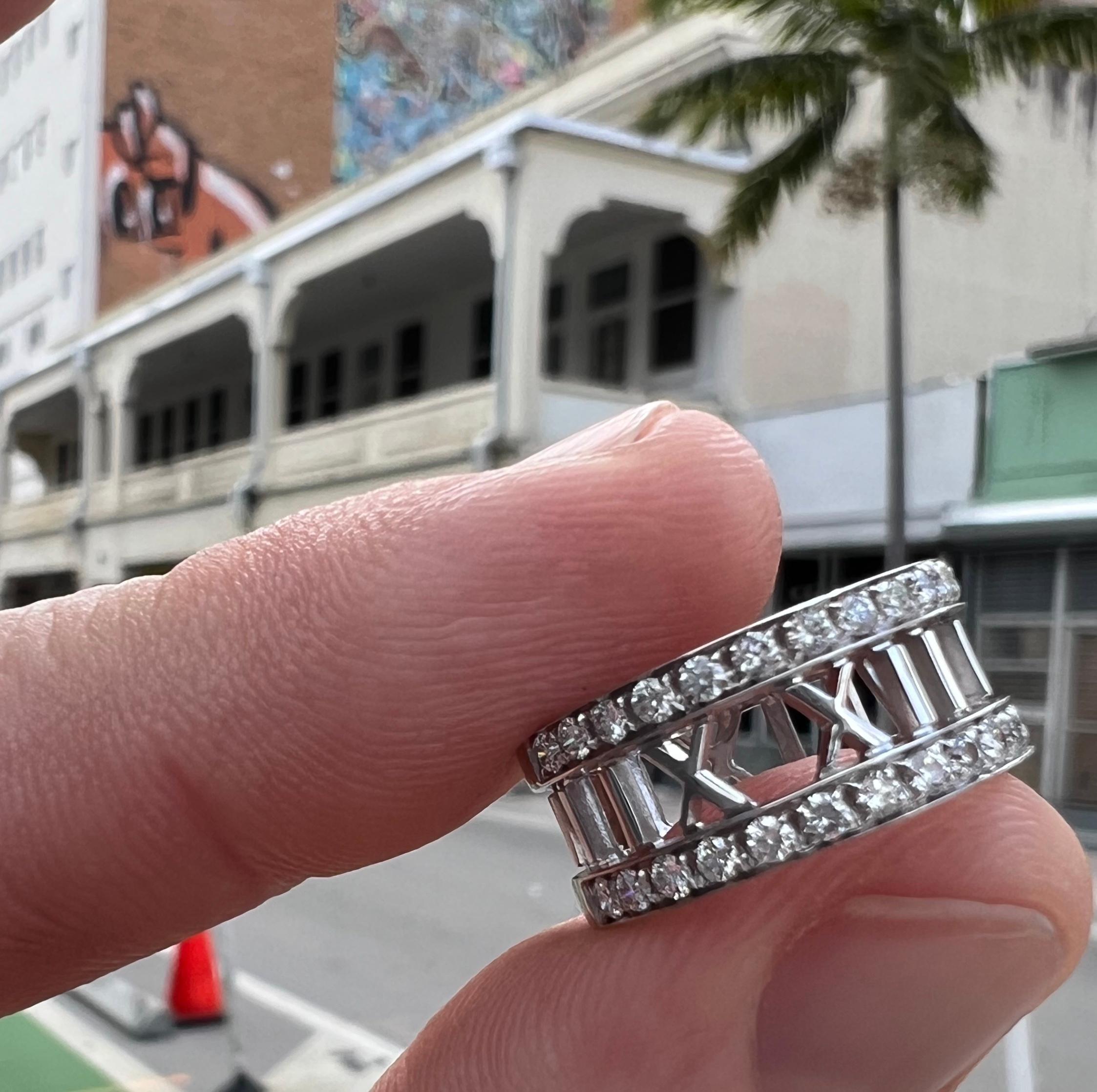 Round Cut Tiffany & Co. Atlas Open Work Diamond 18k White Gold Ring  For Sale