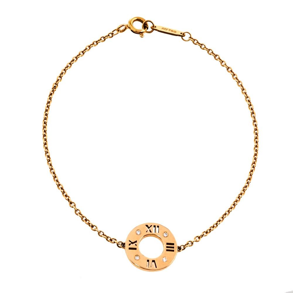 With its bold numeric motif and strong lines, the Atlas collection honors Tiffany's most celebrated symbols. Four small sparkling diamonds add a touch of elegance and opulence to this minimalistic bracelet made from 18K rose gold and secured by a