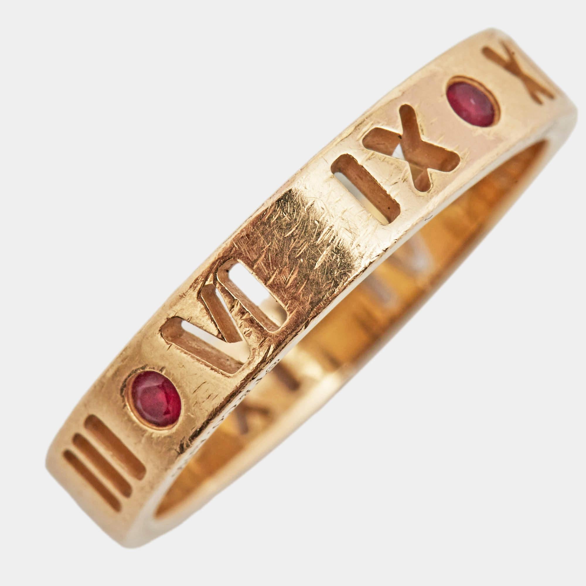Tiffany & Co. Atlas Pierced Rubies 18k Rose Gold Band Ring Size 52 1